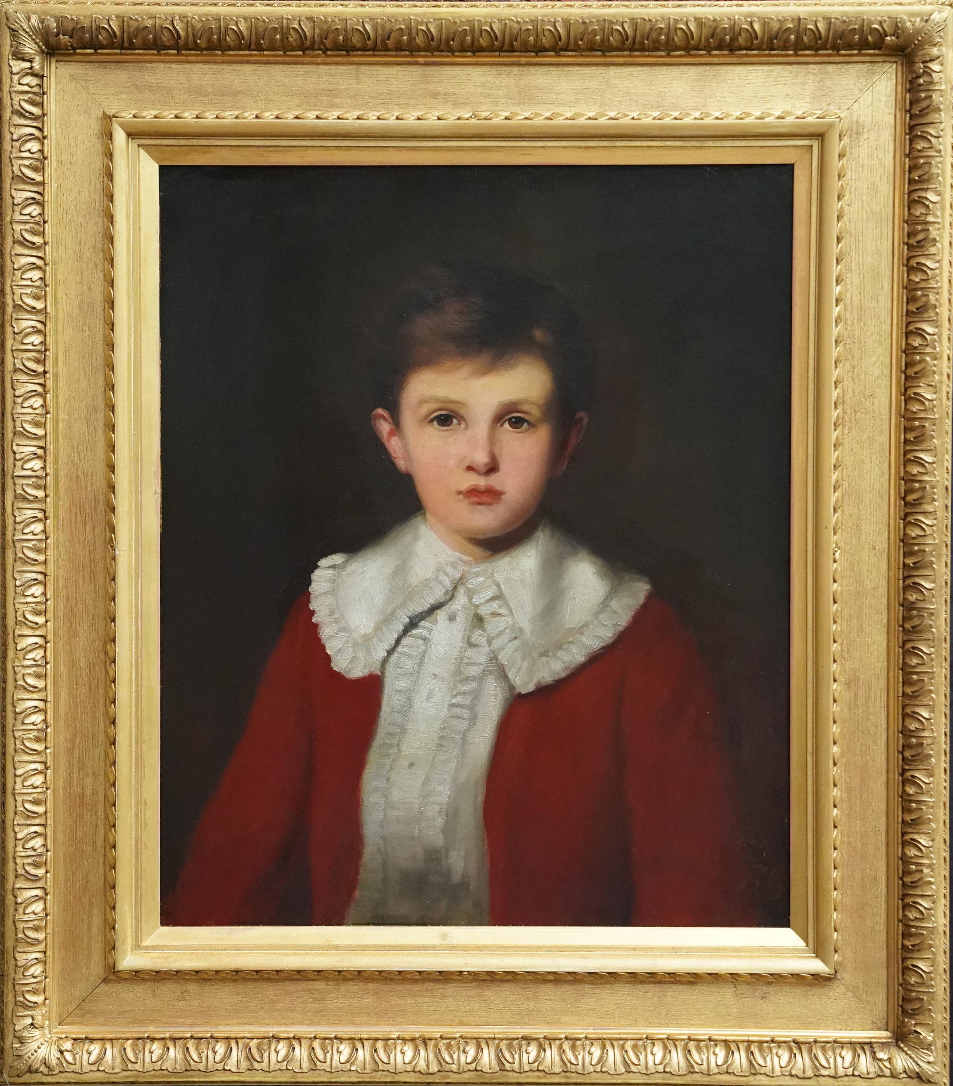 Porträt eines jungen Jungen in rotem Mantel – britisches viktorianisches Ölgemälde von 1892