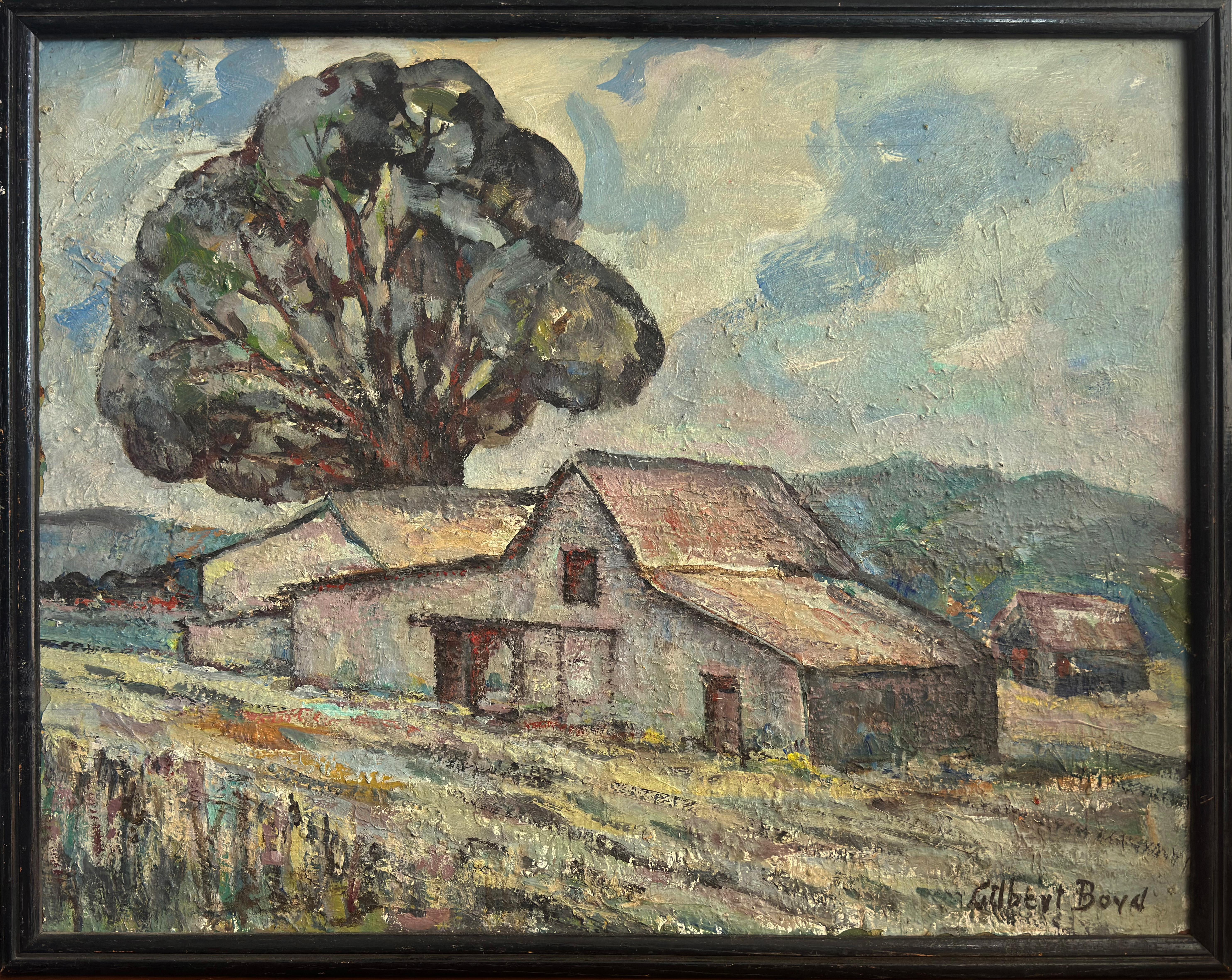 Pomeriggio Pastorale
Gilbert Boyd, irlandese/americano (1896-1981)
Data: circa 1950
Olio su tavola, firmato
Dimensioni: 23,5 x 29,5 pollici (59,69 x 74,93 cm)