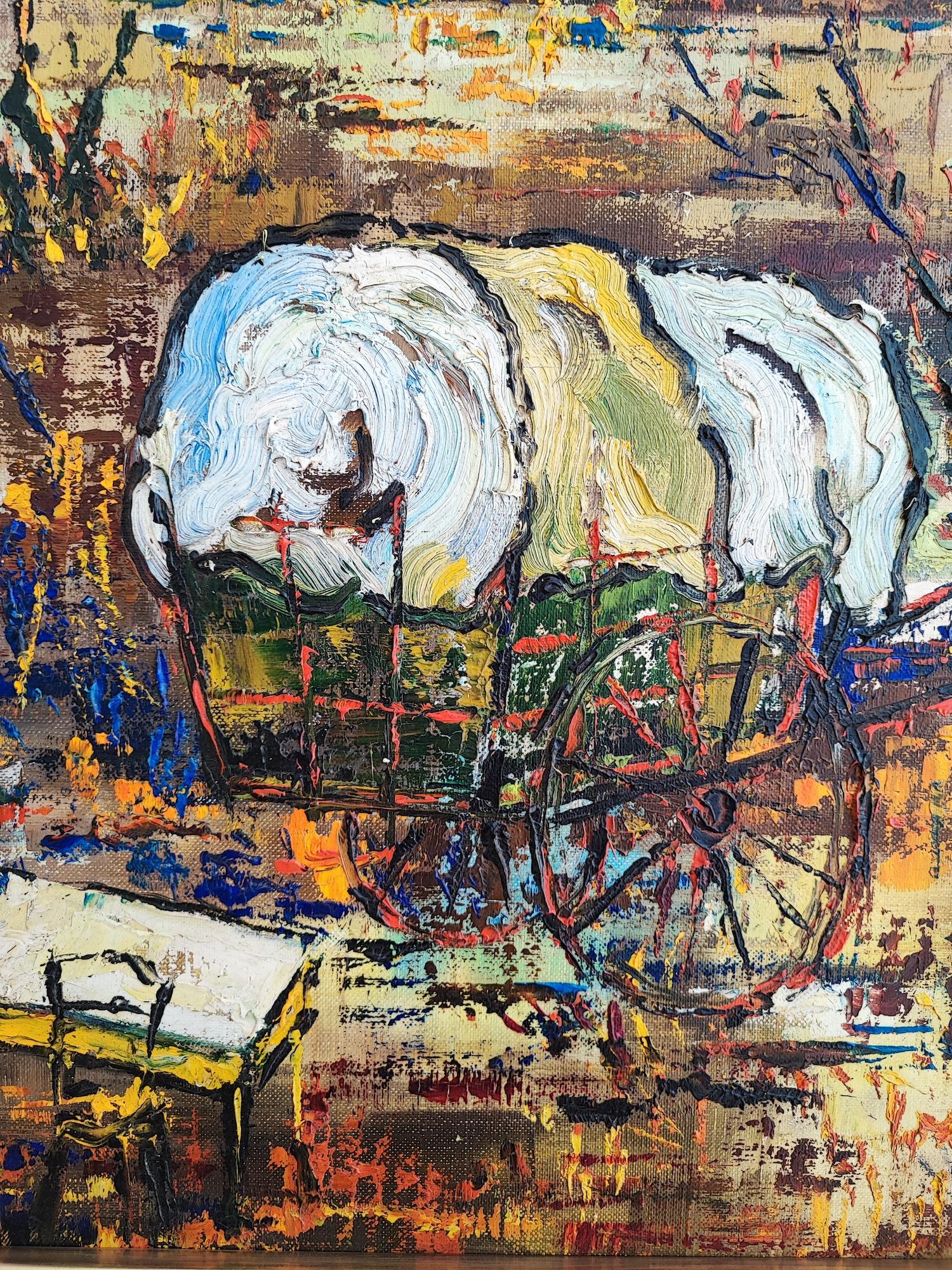 Hut and caravan in the Camargue - Brown Abstract Painting by Gilbert Chavan