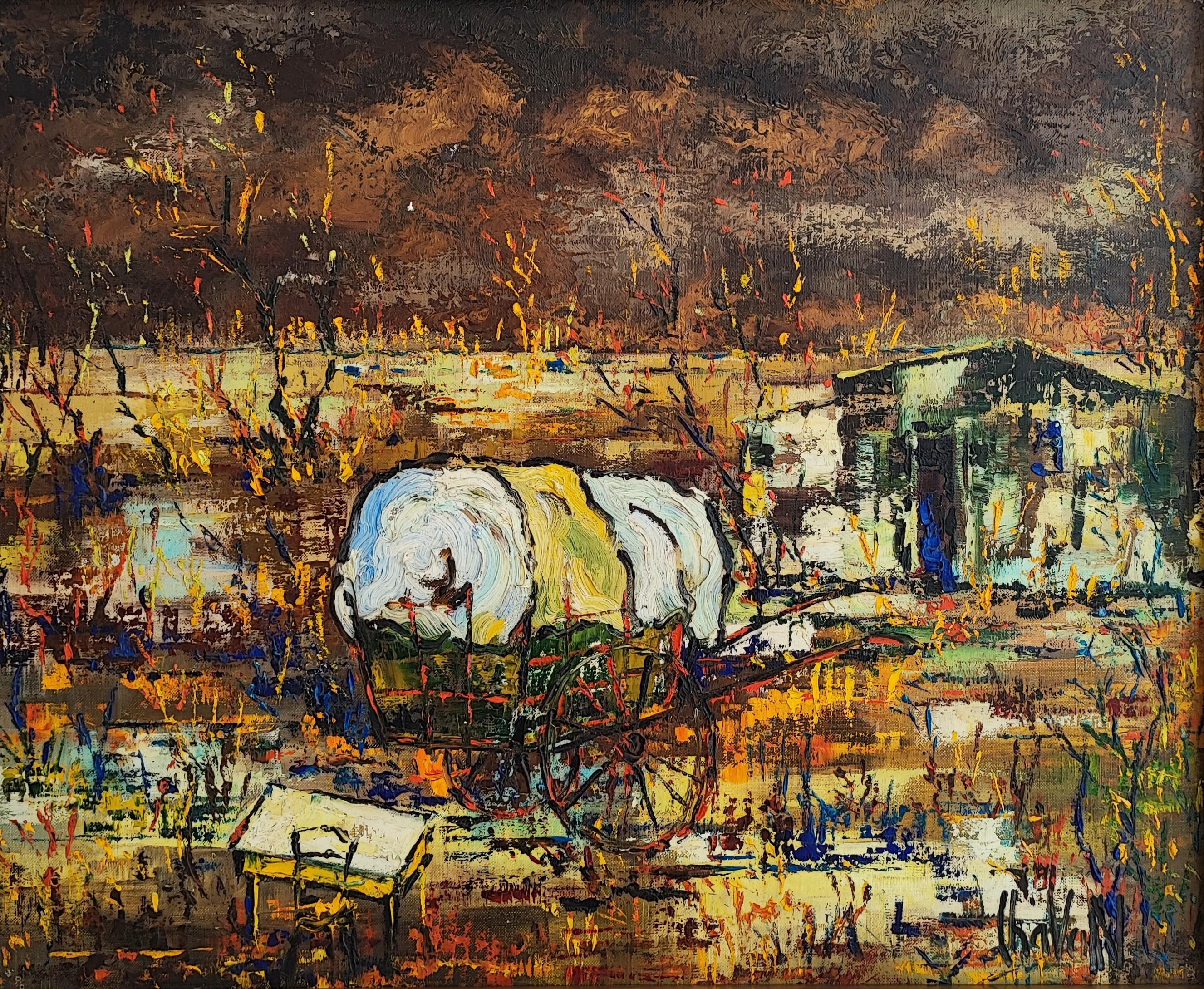 Gilbert Chavan Abstract Painting - Hut and caravan in the Camargue
