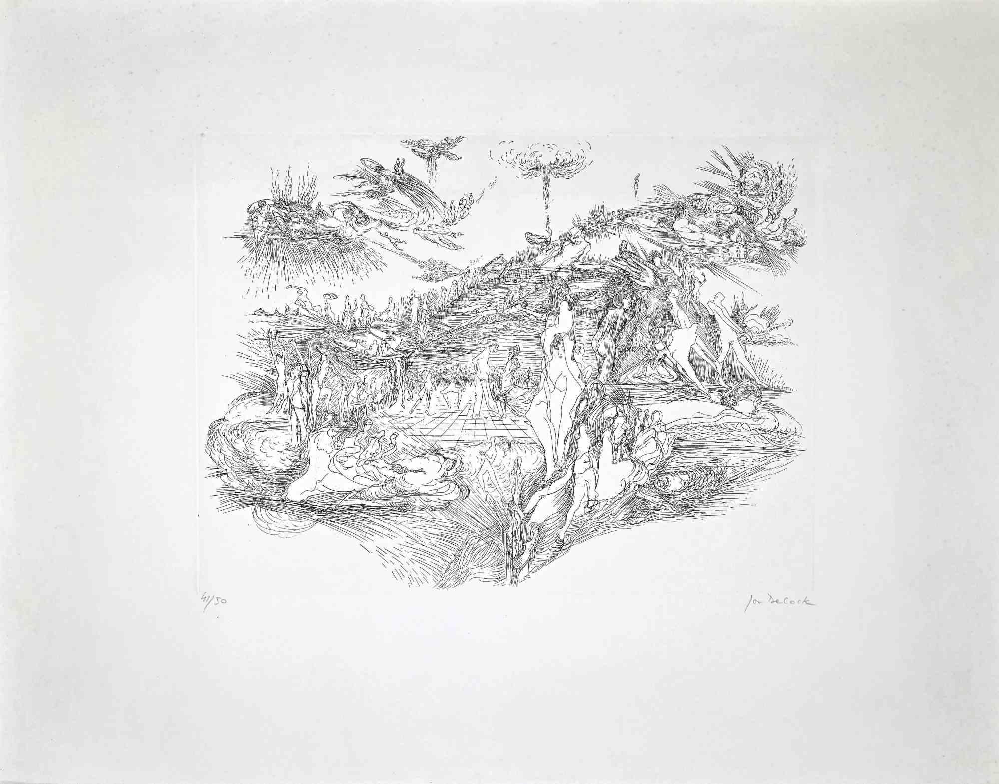 In the Paradise is an original etching realized by Gilbert Decock.

Good condition on a cardboard passpartout (51x65 cm ). Edition 41/50.

Limited edition of 50 copies numbered and sigled by the artist.

Gilbert Decock was a belgian artist born in