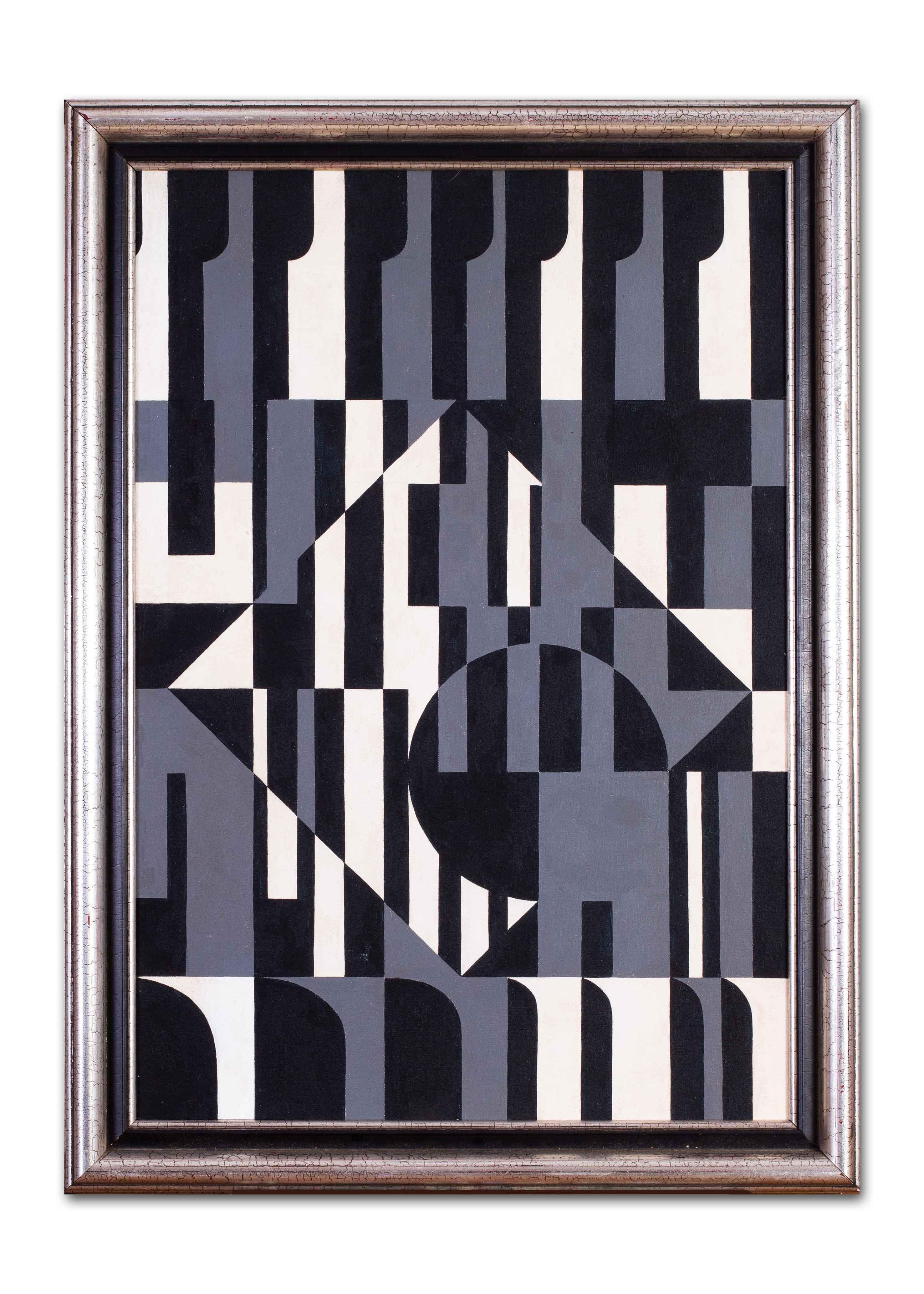 Black and white 20th Century Belgian abstract oil painting - Abstract Geometric Painting by Gilbert Decock 