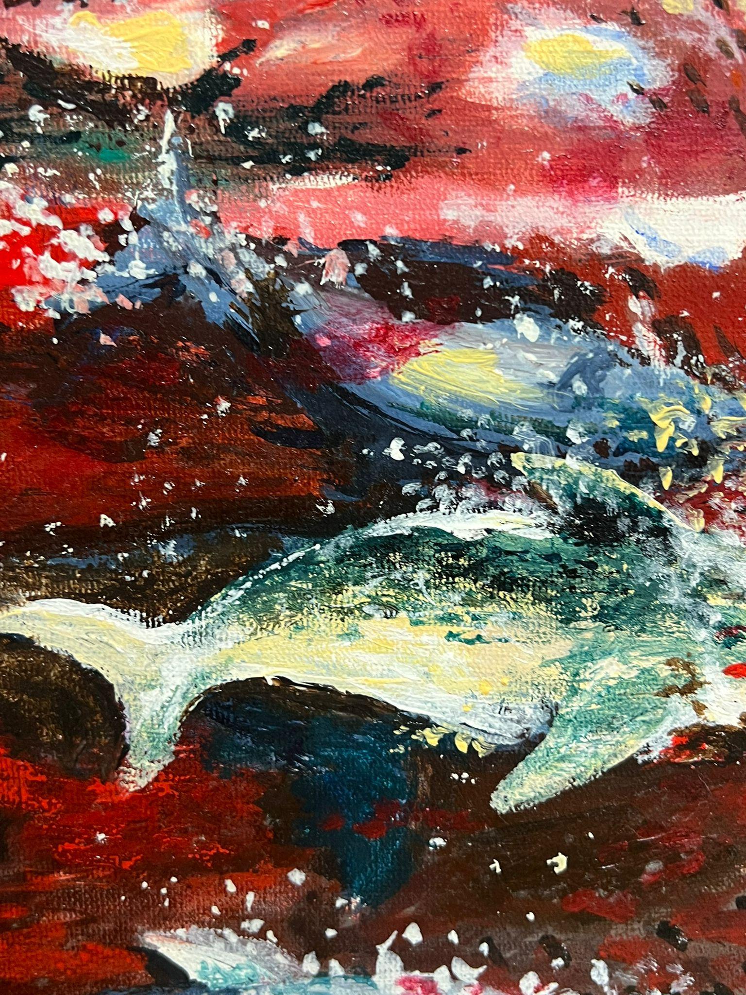 Großes französisches modernistisches Ölgemälde Tuna Fischer auf See mit ihrer Jagd, 1993 im Angebot 9