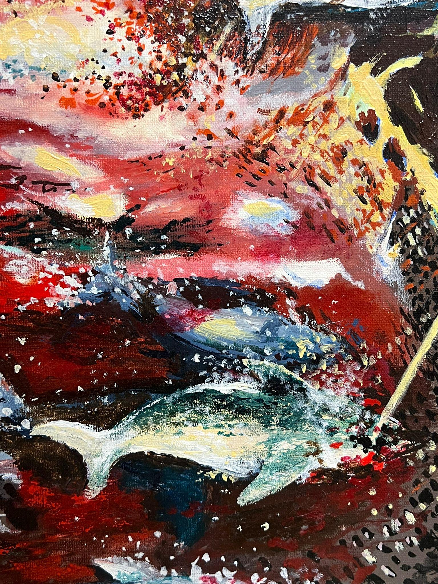 Großes französisches modernistisches Ölgemälde Tuna Fischer auf See mit ihrer Jagd, 1993 im Angebot 11