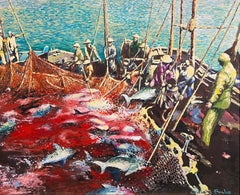 Large French Modernist Oil Painting Tuna Fishermen at Sea with their Catch, 1993