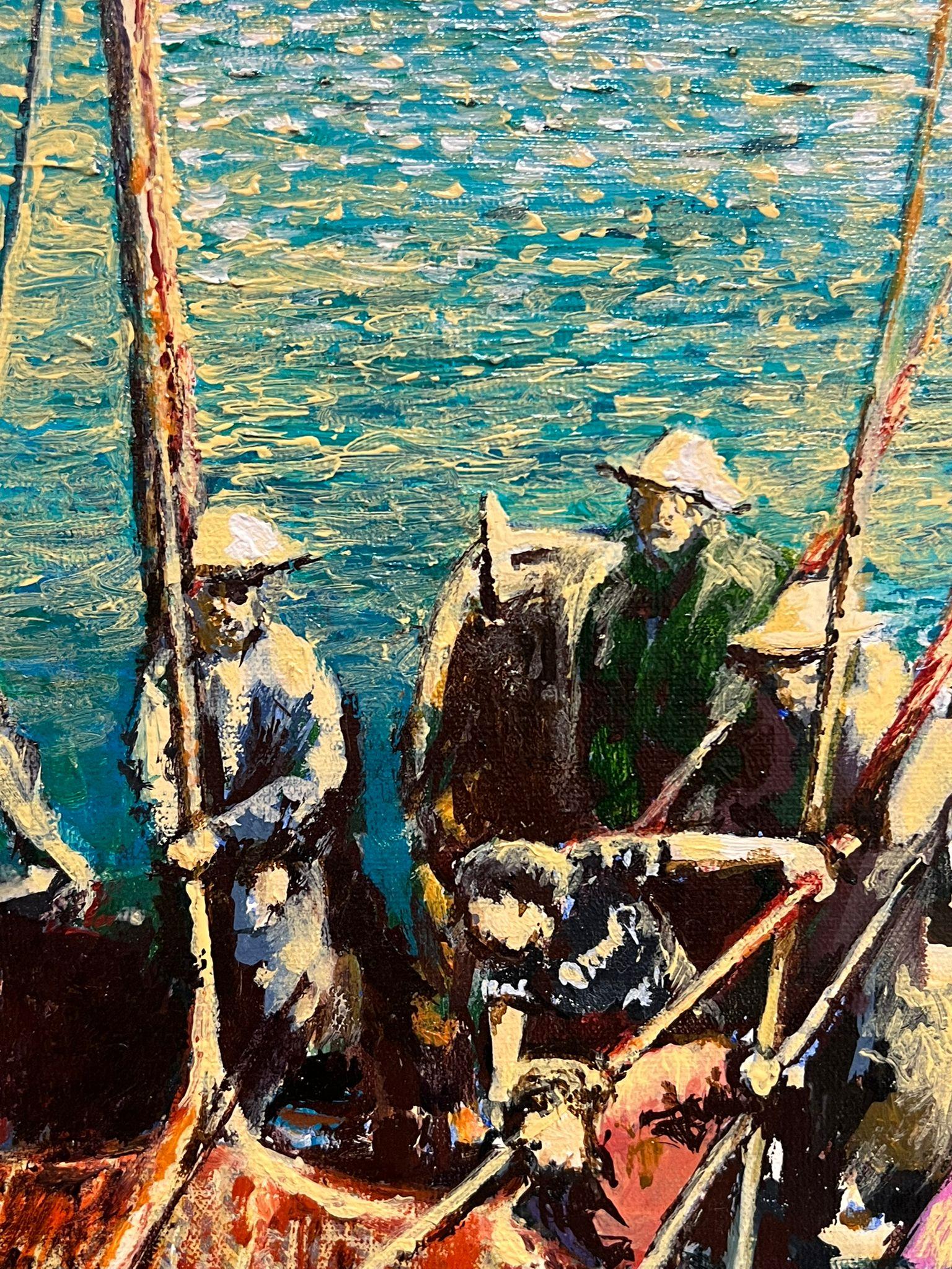 Großes französisches modernistisches Ölgemälde Tuna Fischer auf See mit ihrer Jagd, 1993 (Moderne), Painting, von Gilbert Fulio