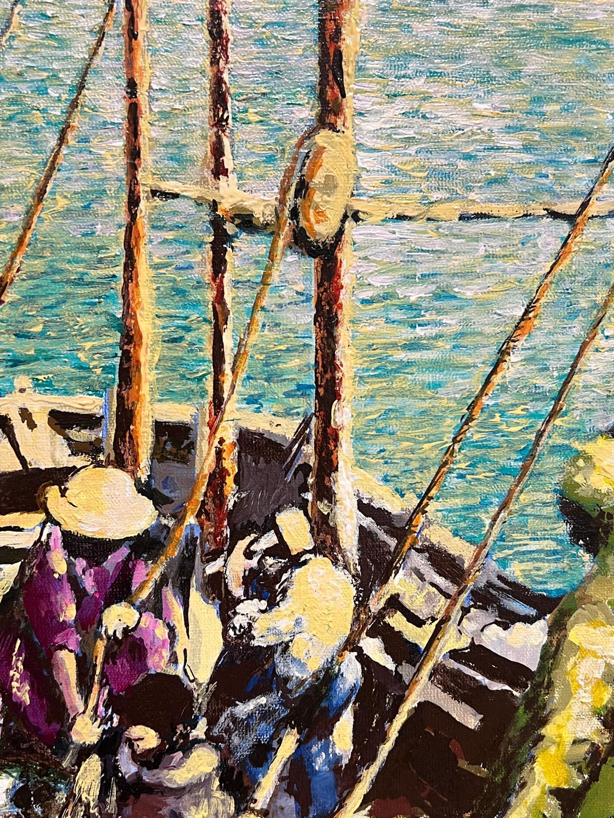 Großes französisches modernistisches Ölgemälde Tuna Fischer auf See mit ihrer Jagd, 1993 (Braun), Figurative Painting, von Gilbert Fulio
