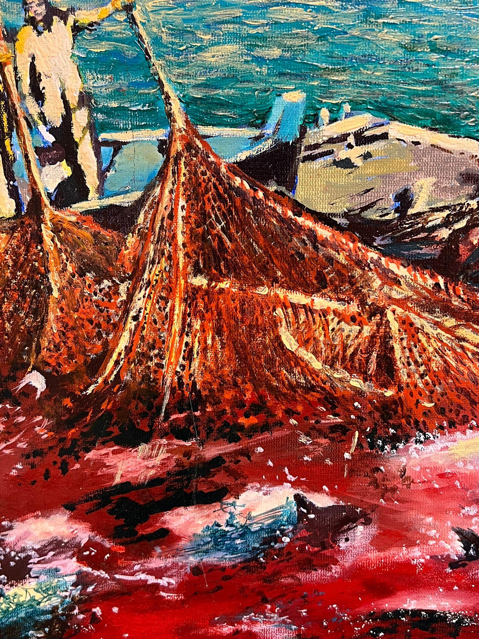Großes französisches modernistisches Ölgemälde Tuna Fischer auf See mit ihrer Jagd, 1993 im Angebot 1