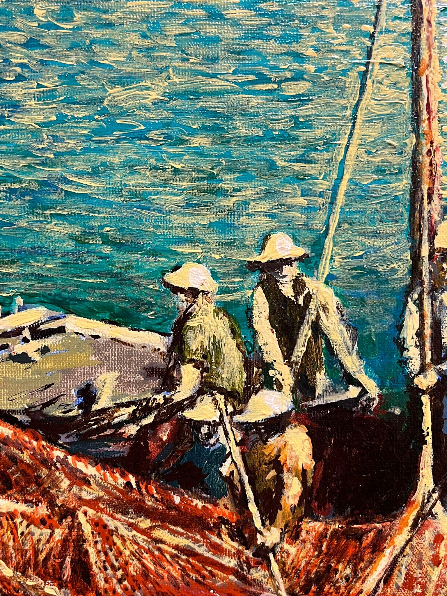 Großes französisches modernistisches Ölgemälde Tuna Fischer auf See mit ihrer Jagd, 1993 im Angebot 3