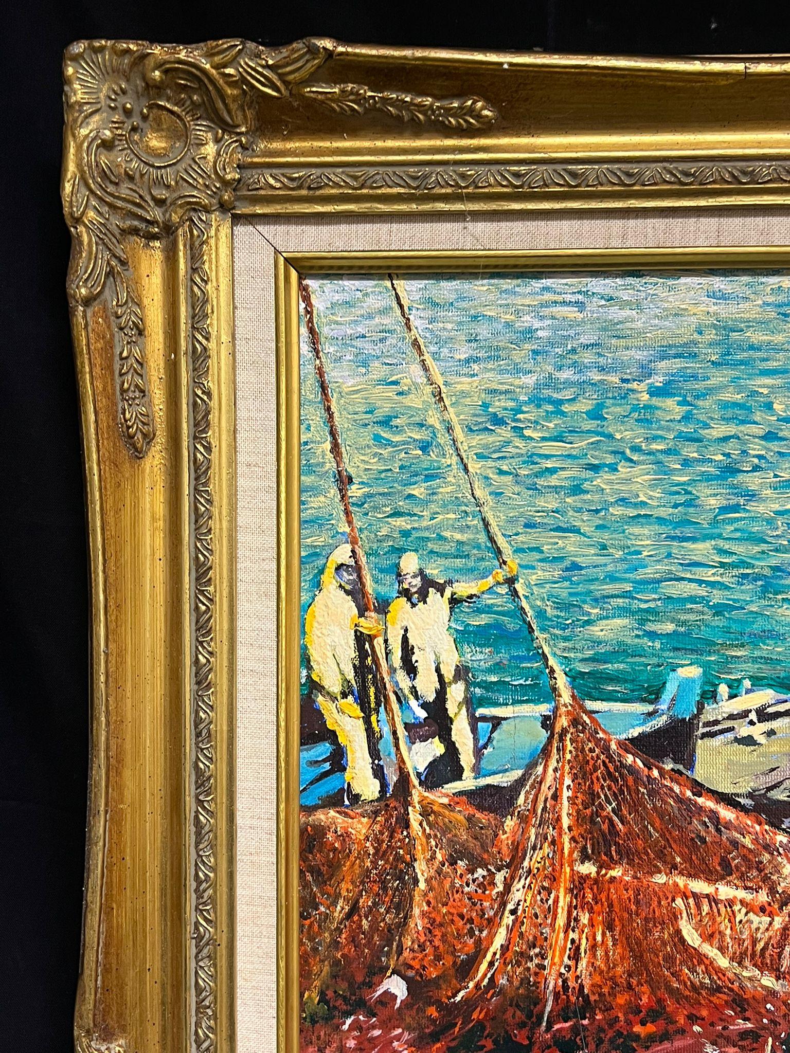 Großes französisches modernistisches Ölgemälde Tuna Fischer auf See mit ihrer Jagd, 1993 im Angebot 4