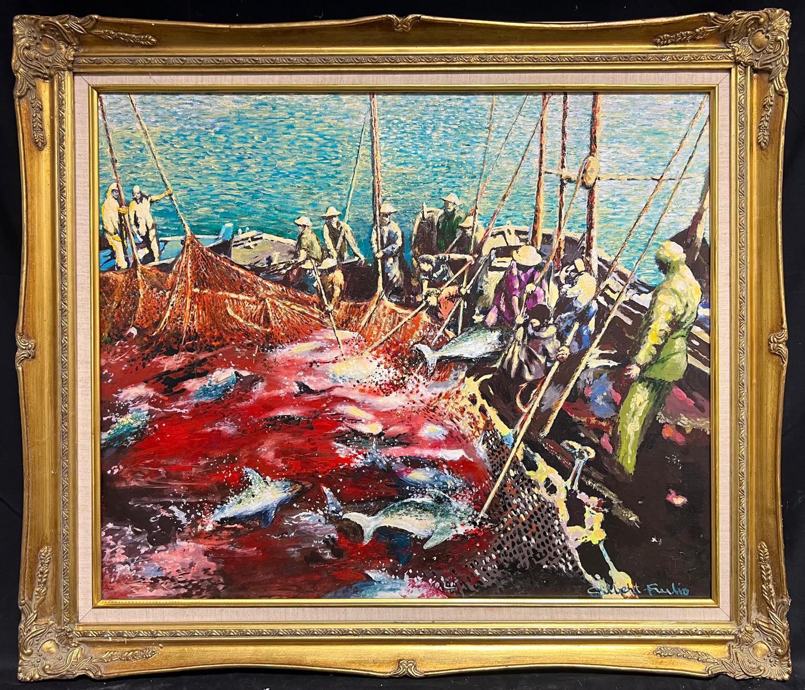 Gilbert Fulio Figurative Painting – Großes französisches modernistisches Ölgemälde Tuna Fischer auf See mit ihrer Jagd, 1993