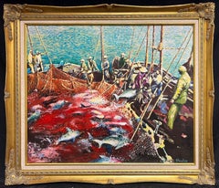Large French Modernist Oil Painting Tuna Fishermen at Sea with their Catch, 1993