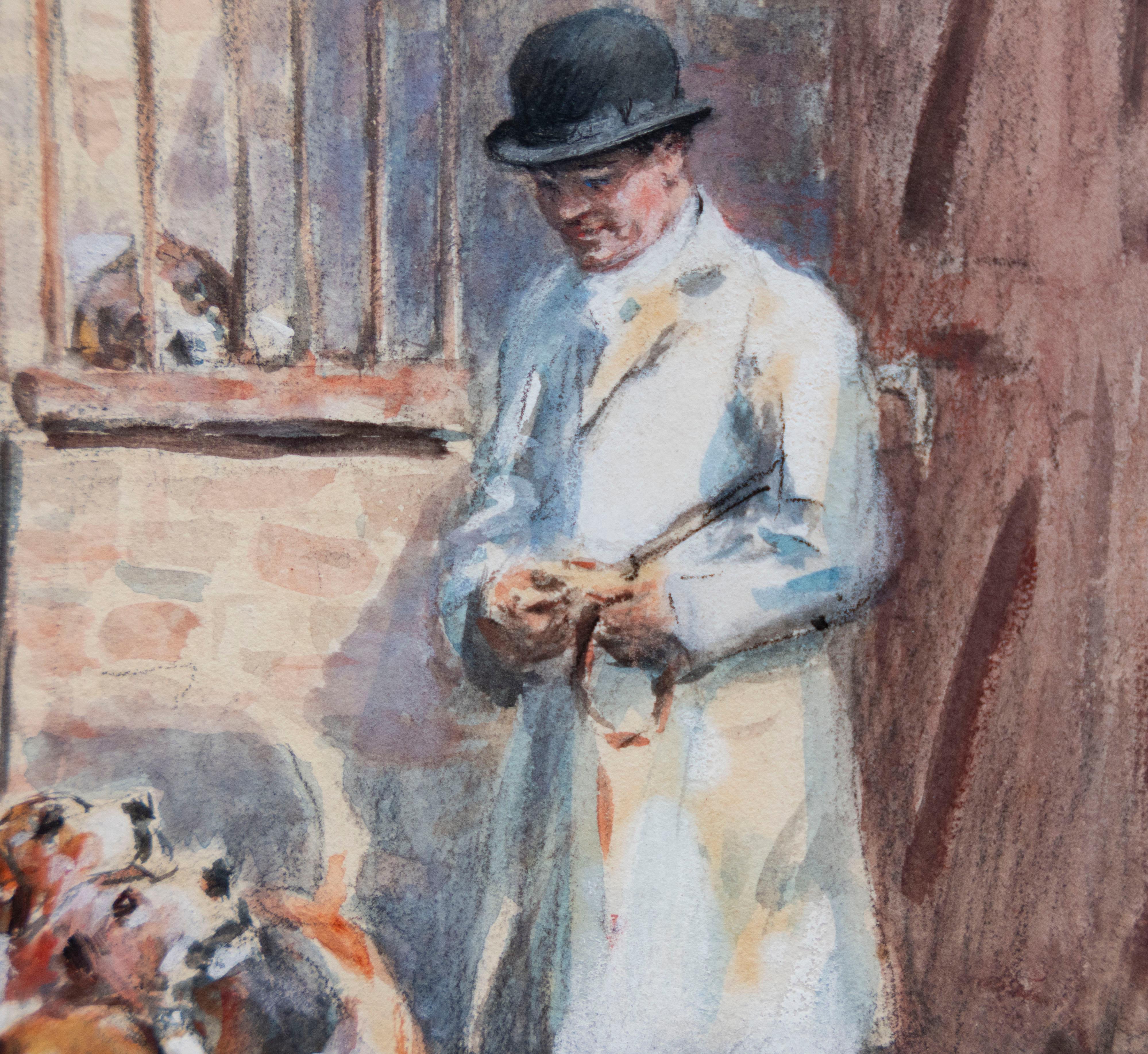 Attending the hounds, dogs being feed after the shooting - Impressionist Painting by Gilbert Holiday