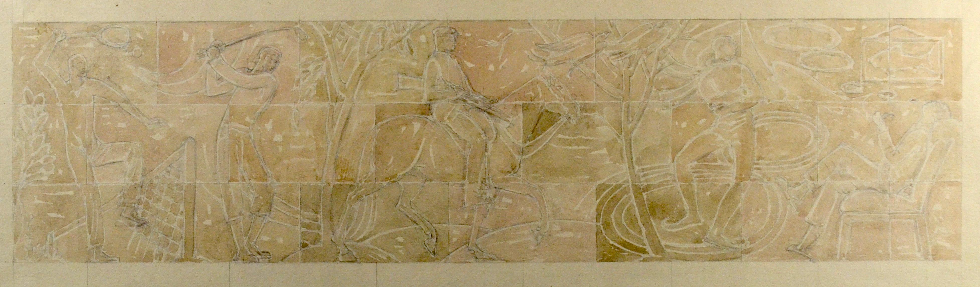 GILBERT LEDWARD, RA, PRBS
(1888-1960)

Tennis, Golf, Shooting, Ice-Skating, Dreaming – Proposed Design for Decorative Frieze in the Italian Drawing Room at Eltham Palace, commissioned by Stephen Courtauld

Signed and dated July 9th 1933
Watercolour