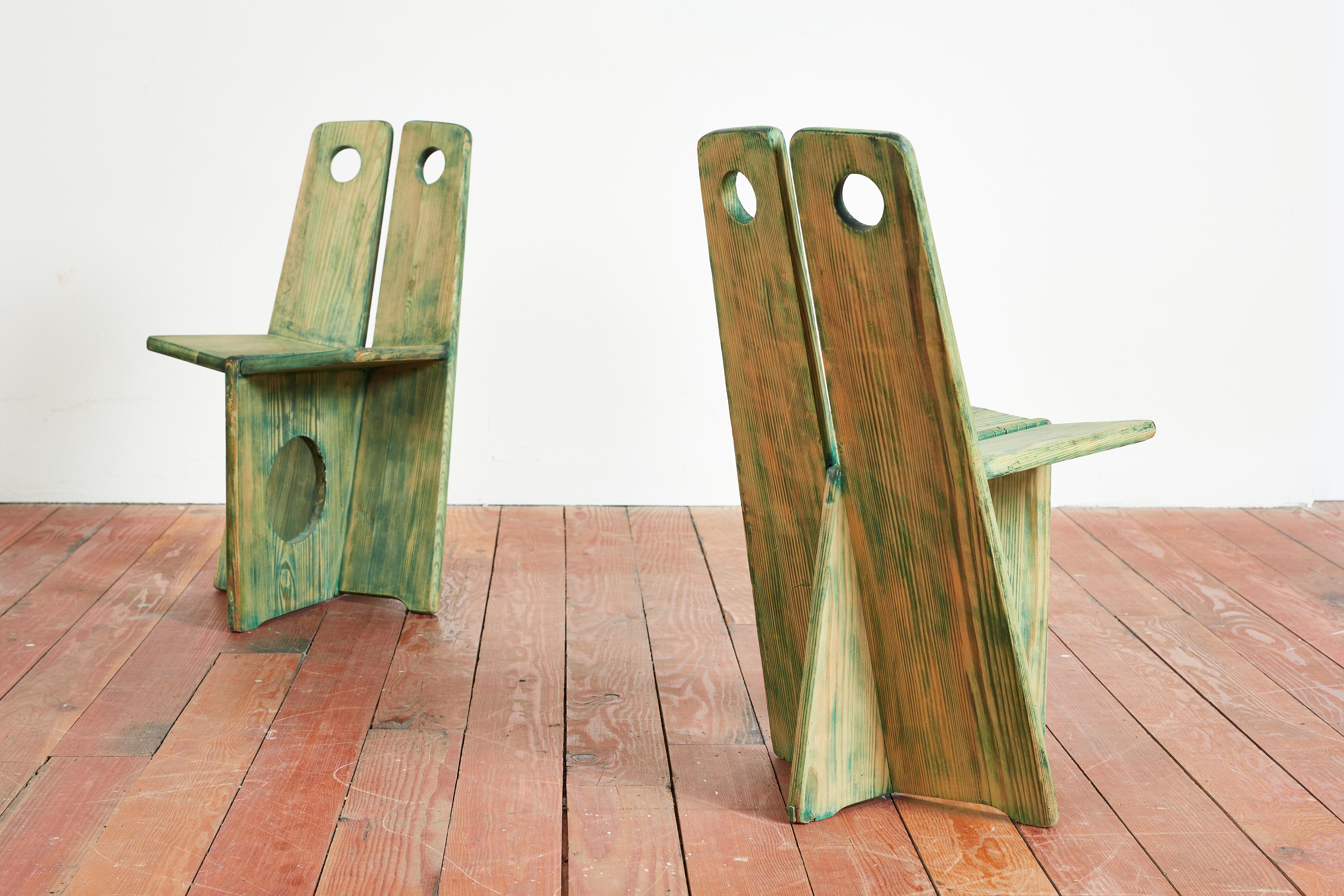 Gilbert Marklund chair, Furusnickarn AB Manft., Sweden, c. 1970 
Original Pine with gorgeous green paint / patina.
Priced individually.