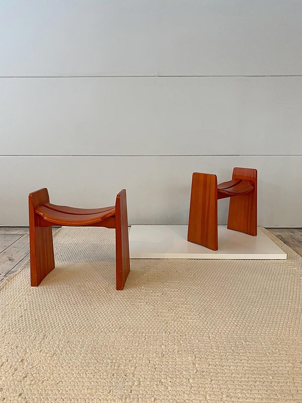 Pair ob beautiful sculptural 'Jonte' stools designed in 1969 by Gilbert Marklund and manufactured by Furusnickarn AB in Sweden.
Original condition with nice patina.
   