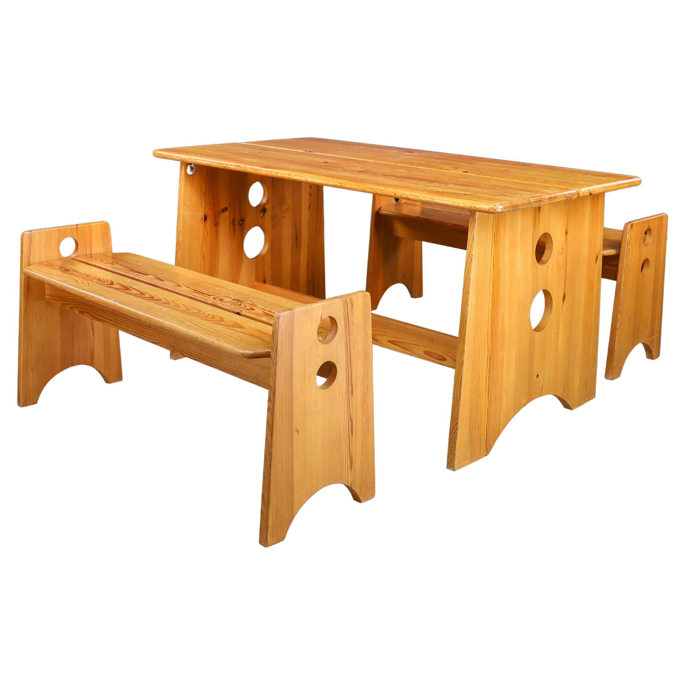 Gilbert Marklund Pine Table & Benches for Furusnickarn, Sweden, 1970s For Sale