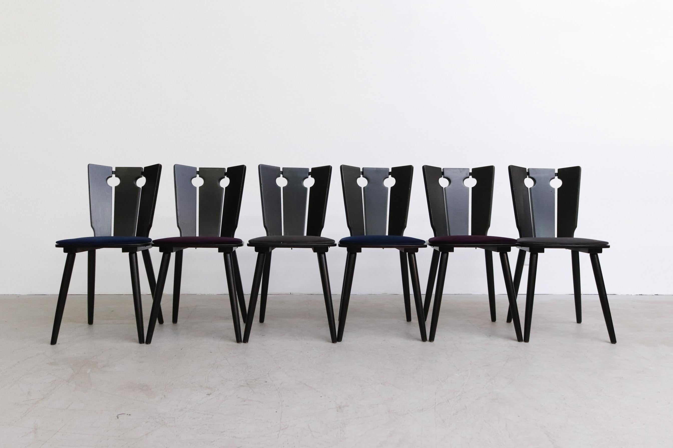 Dutch Gilbert Marklund Style Brutalist Ebony Lacquered Dining Chairs with Velvet Seat