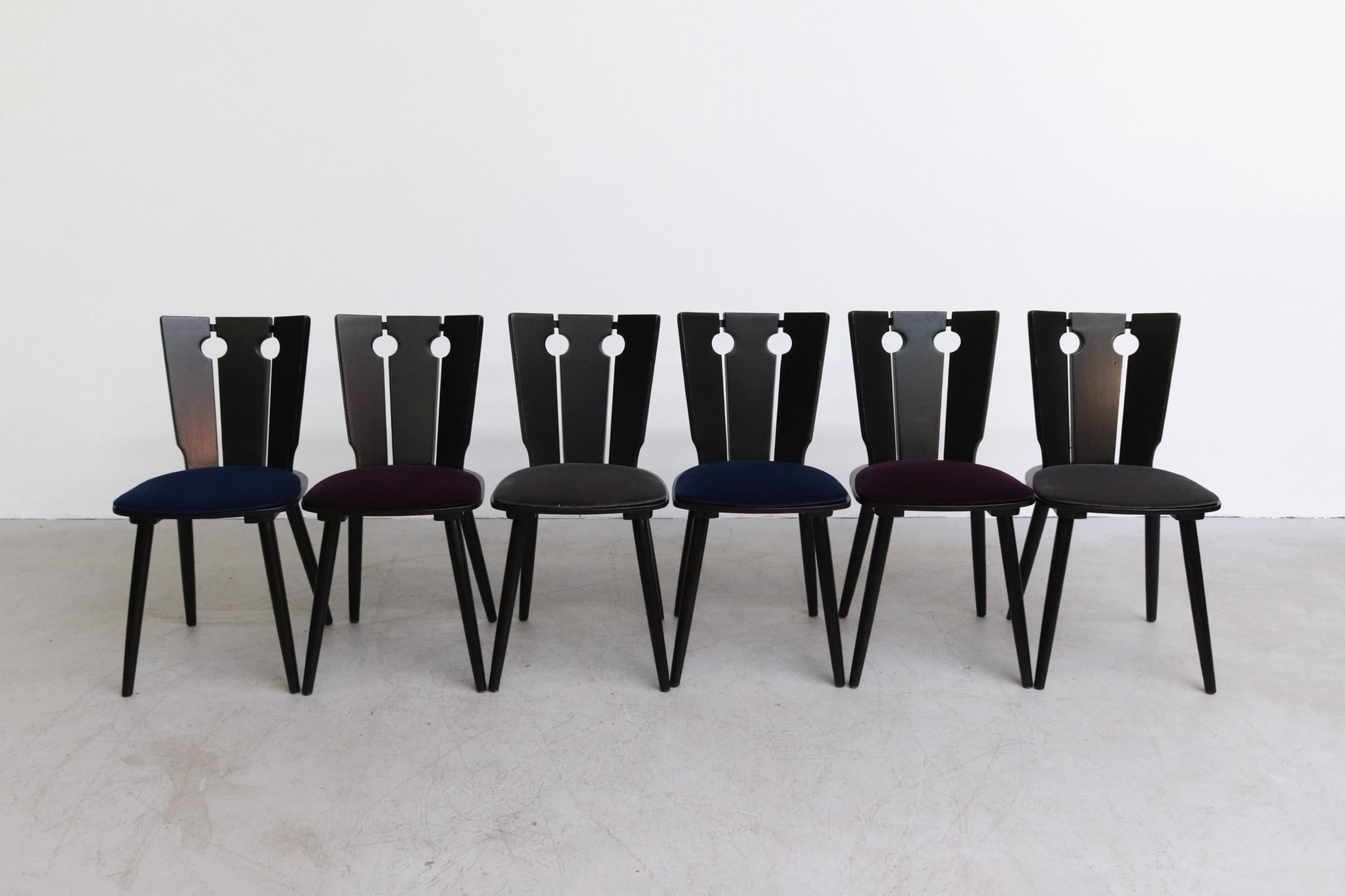 Gilbert Marklund Style Brutalist Ebony Lacquered Dining Chairs with Velvet Seat In Good Condition In Los Angeles, CA