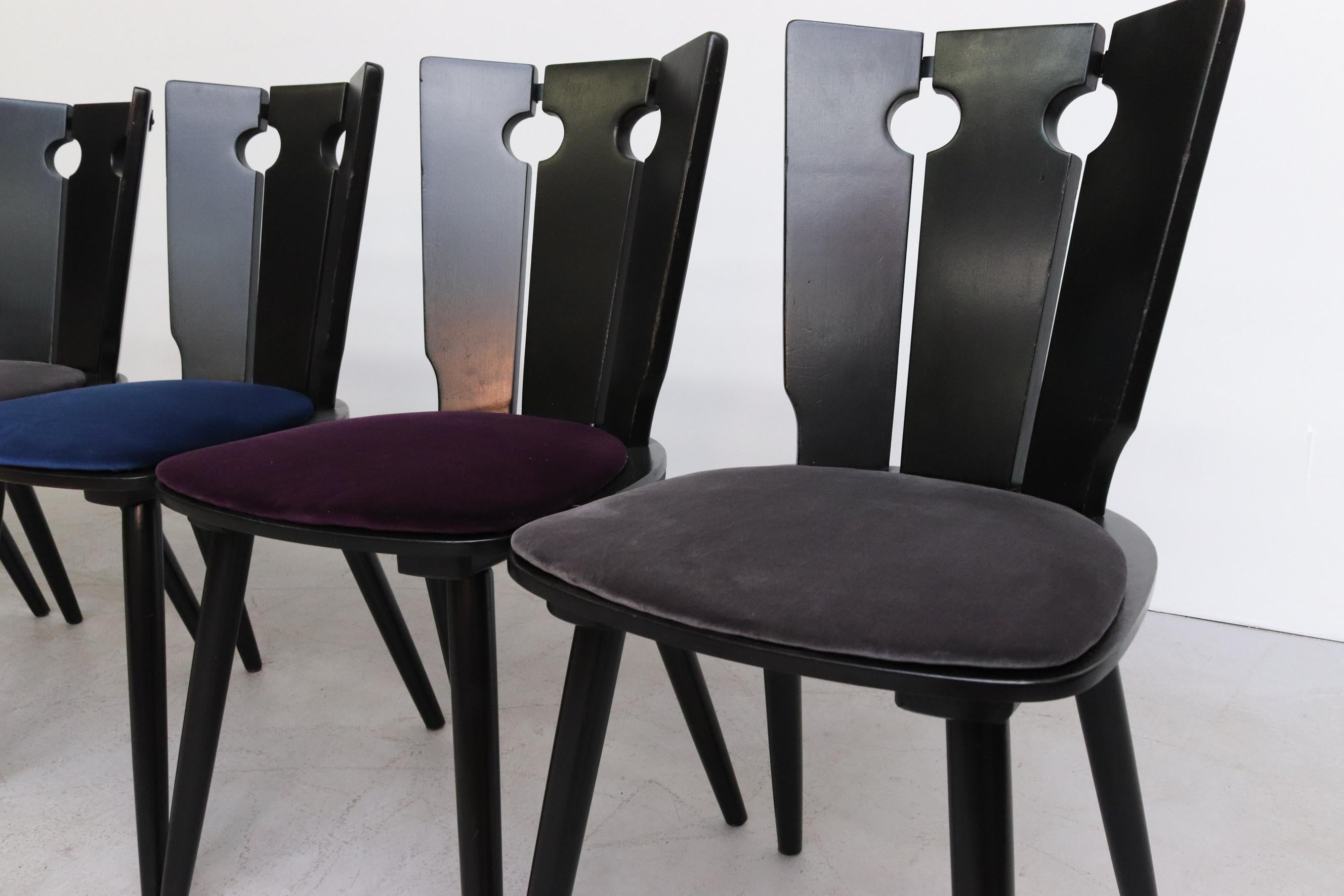 Mid-20th Century Gilbert Marklund Style Brutalist Ebony Lacquered Dining Chairs with Velvet Seat