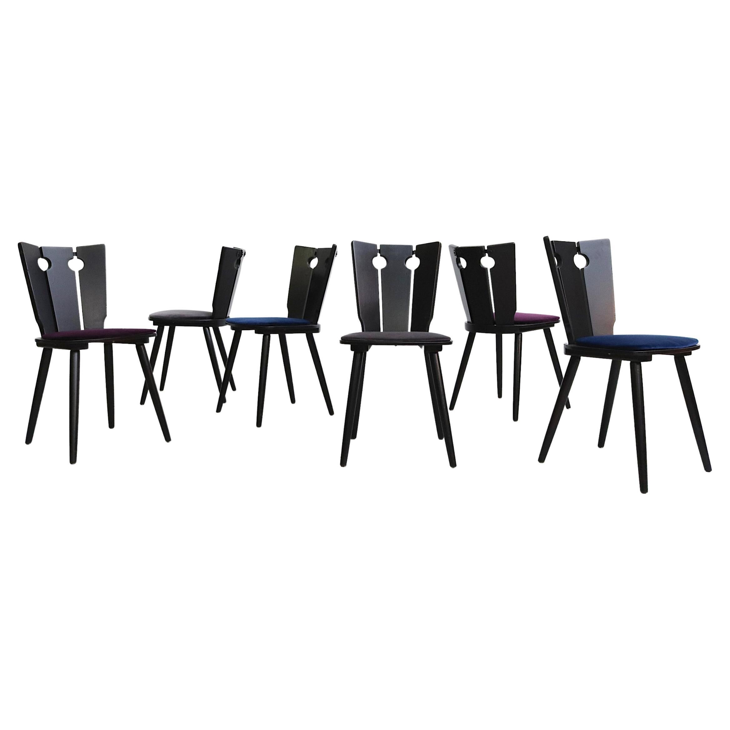 Gilbert Marklund Style Brutalist Ebony Lacquered Dining Chairs with Velvet Seat