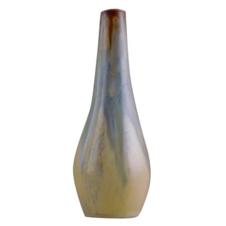 Gilbert Metenier Art Deco Vase in Flaming Yellow, Blue and Brown For Sale