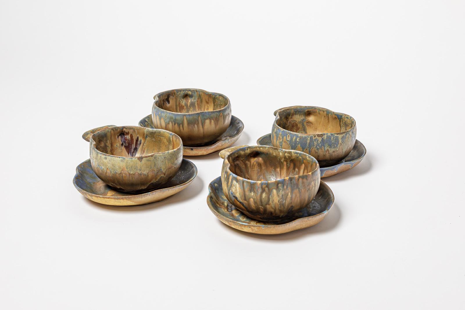 French Gilbert Metenier art nouveau 1900 tea or cofee set 4 cup or bowl decorative art For Sale