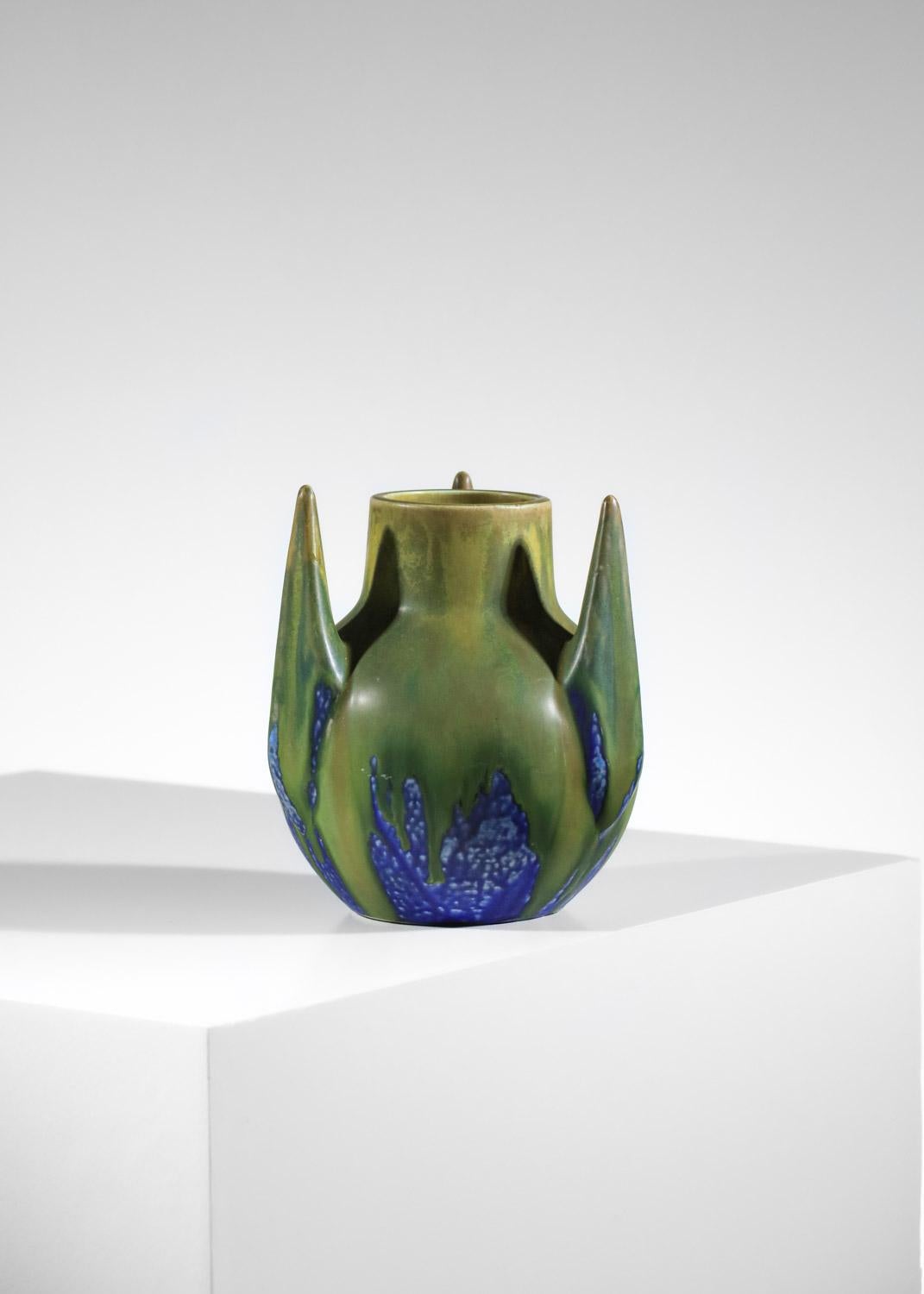 Gilbert Méténier blue and green glazed free form ceramic vase  For Sale 2