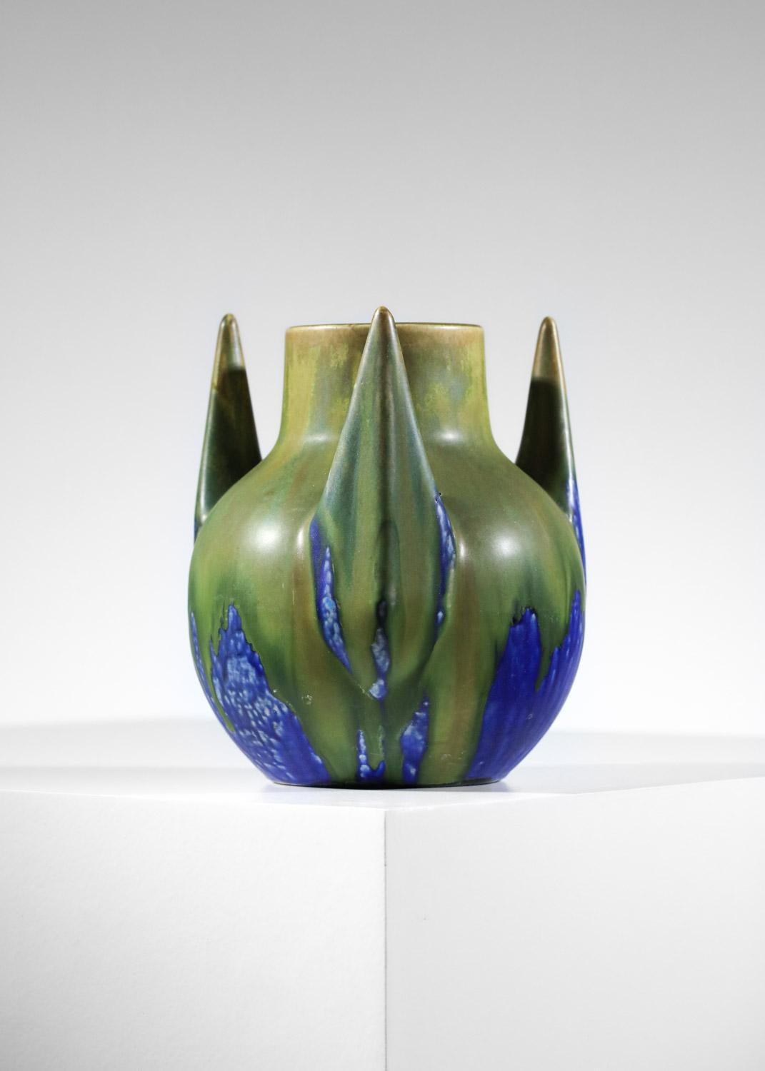 Gilbert Méténier blue and green glazed free form ceramic vase  For Sale 3