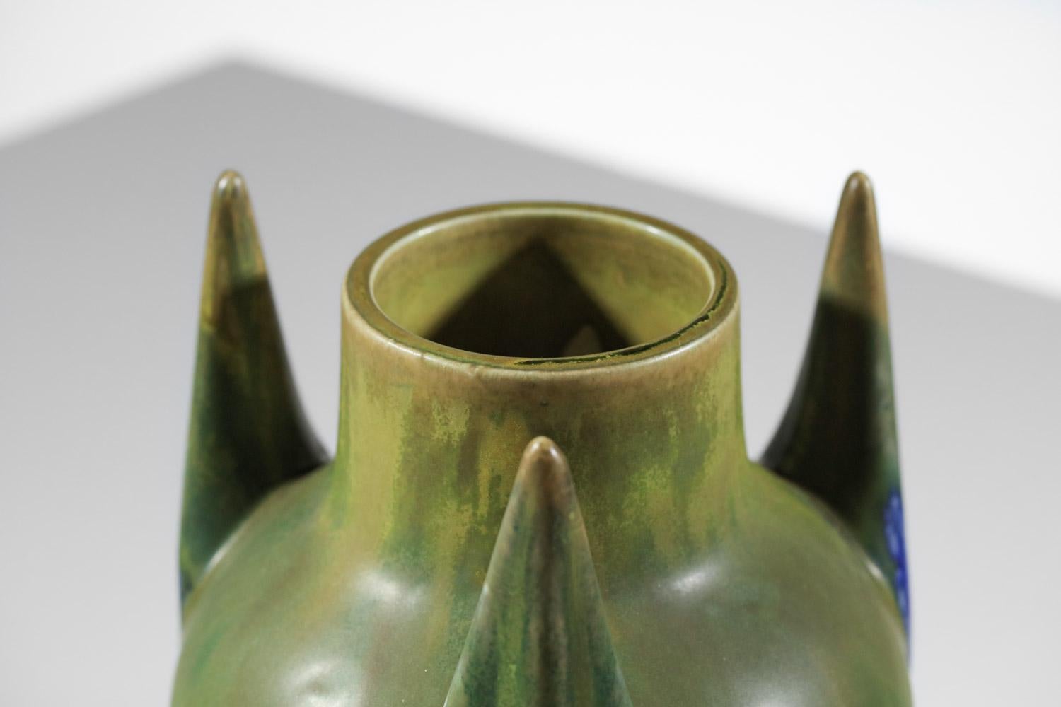 Gilbert Méténier blue and green glazed free form ceramic vase  For Sale 4