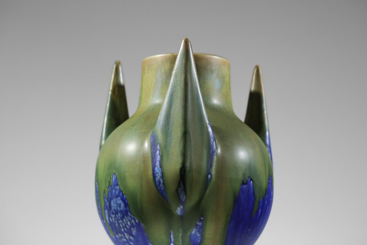 Gilbert Méténier blue and green glazed free form ceramic vase  For Sale 5