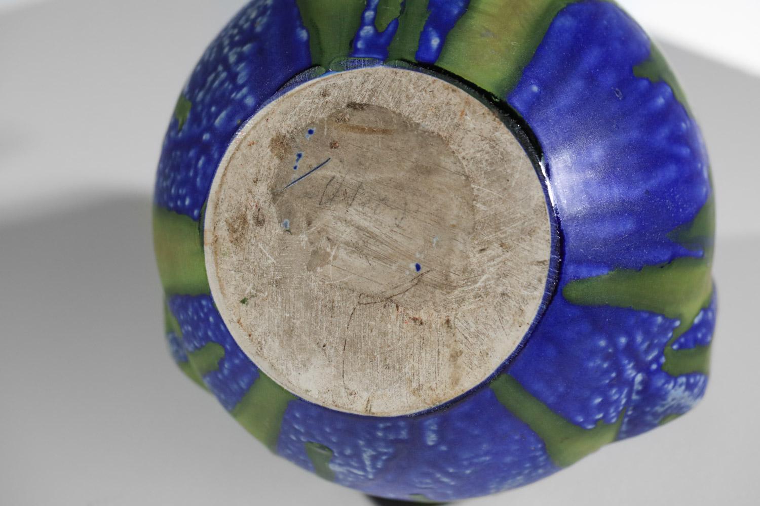 Gilbert Méténier blue and green glazed free form ceramic vase  For Sale 6