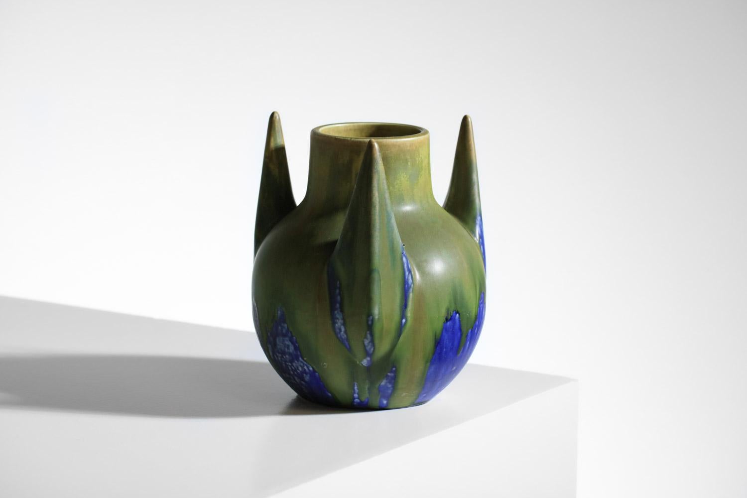Art Deco Gilbert Méténier blue and green glazed free form ceramic vase  For Sale