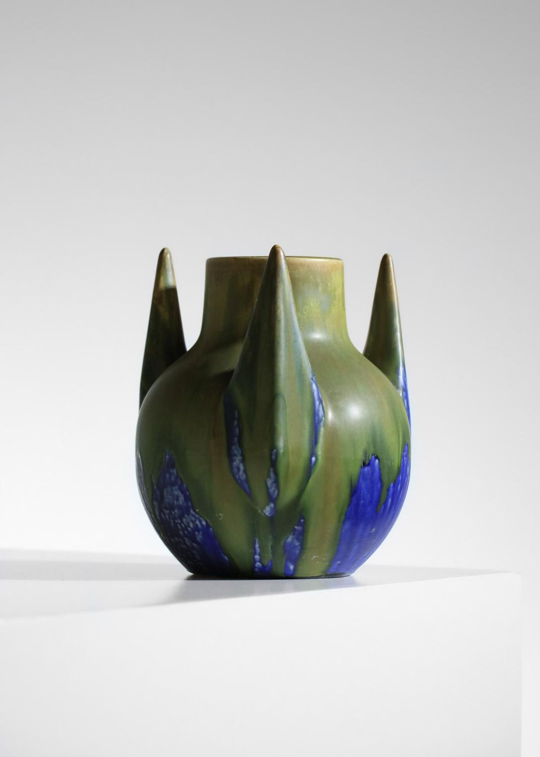 French Gilbert Méténier blue and green glazed free form ceramic vase  For Sale