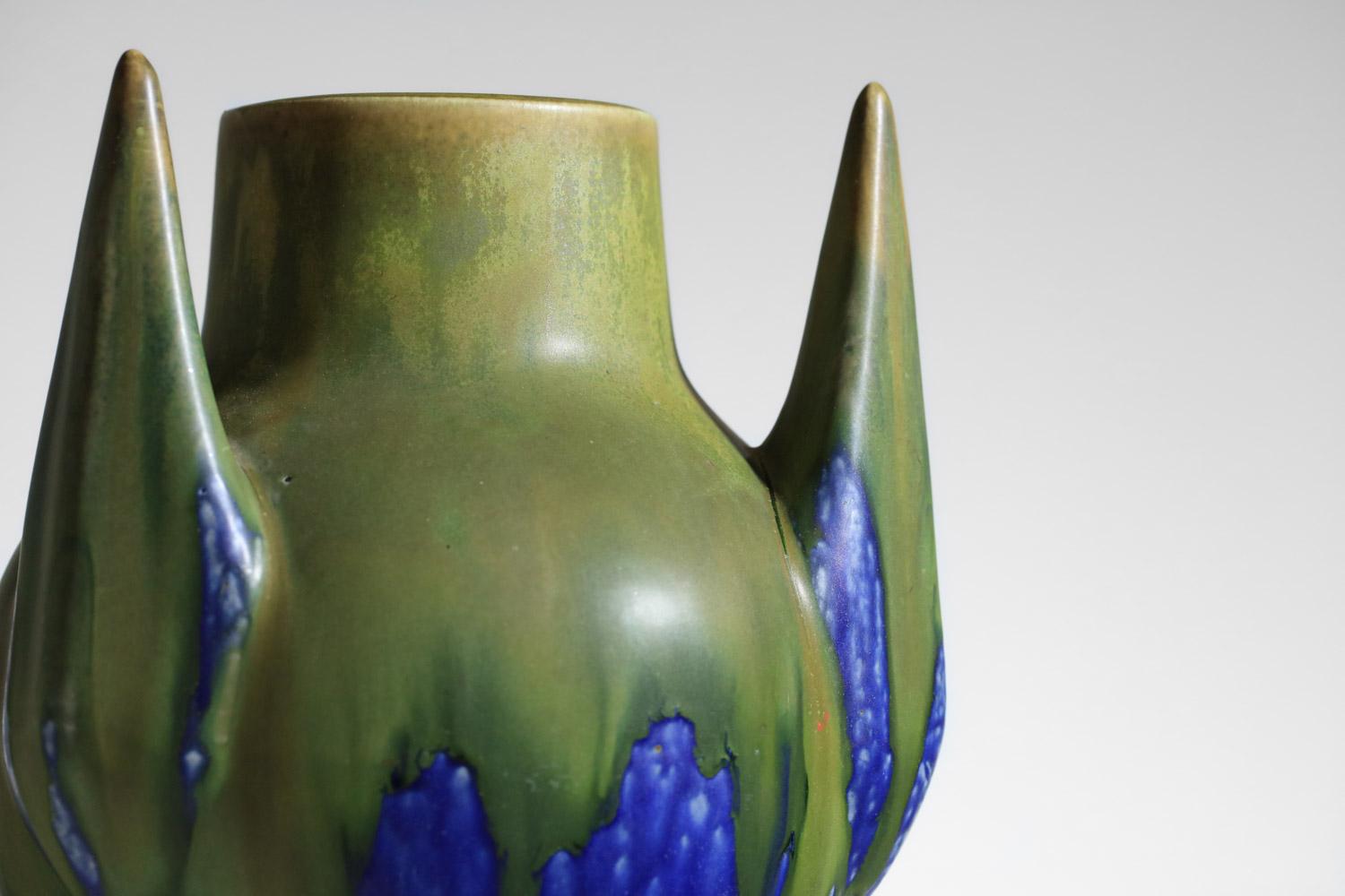 Glazed Gilbert Méténier blue and green glazed free form ceramic vase  For Sale