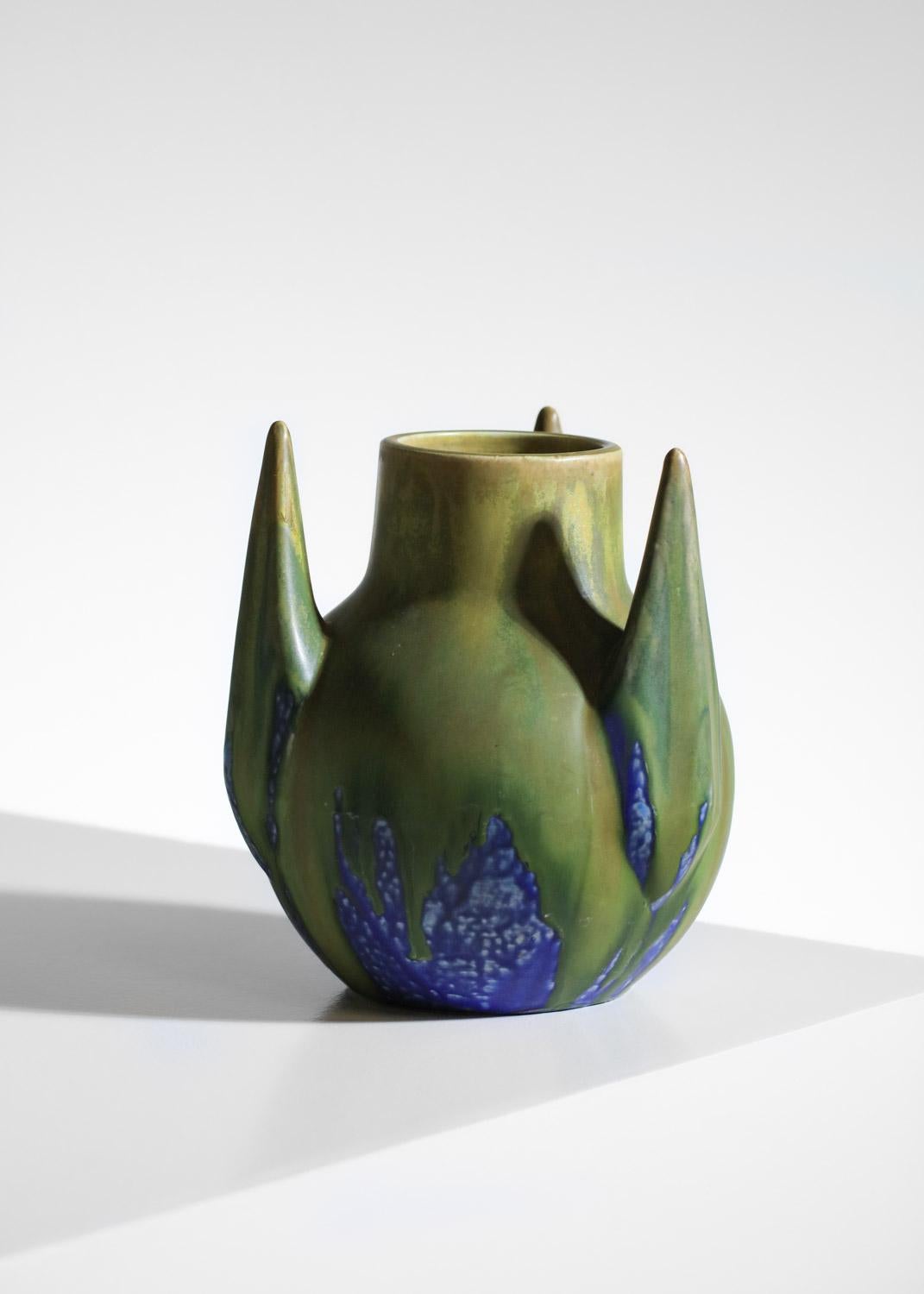 Early 20th Century Gilbert Méténier blue and green glazed free form ceramic vase  For Sale