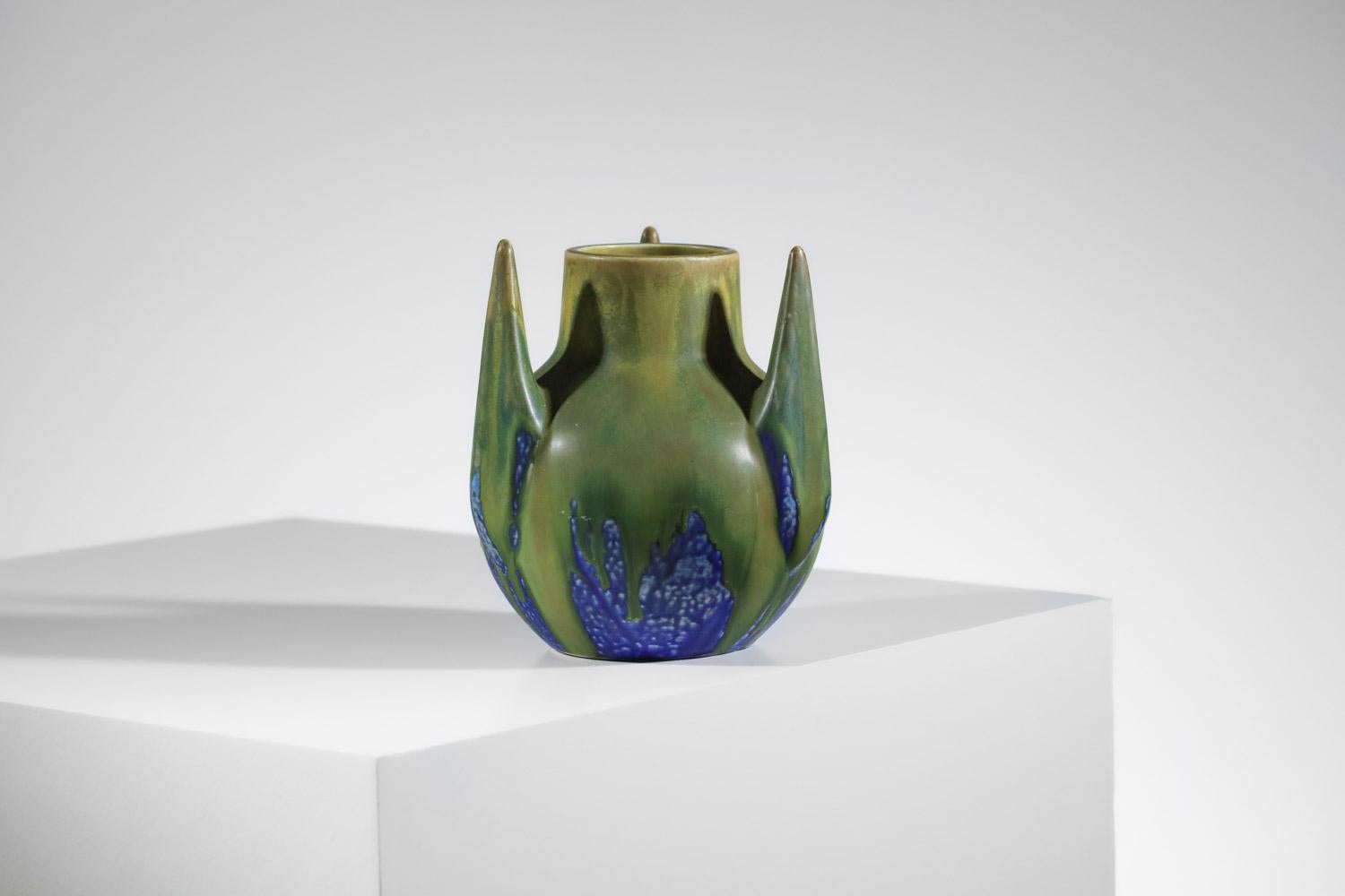 Ceramic Gilbert Méténier blue and green glazed free form ceramic vase  For Sale