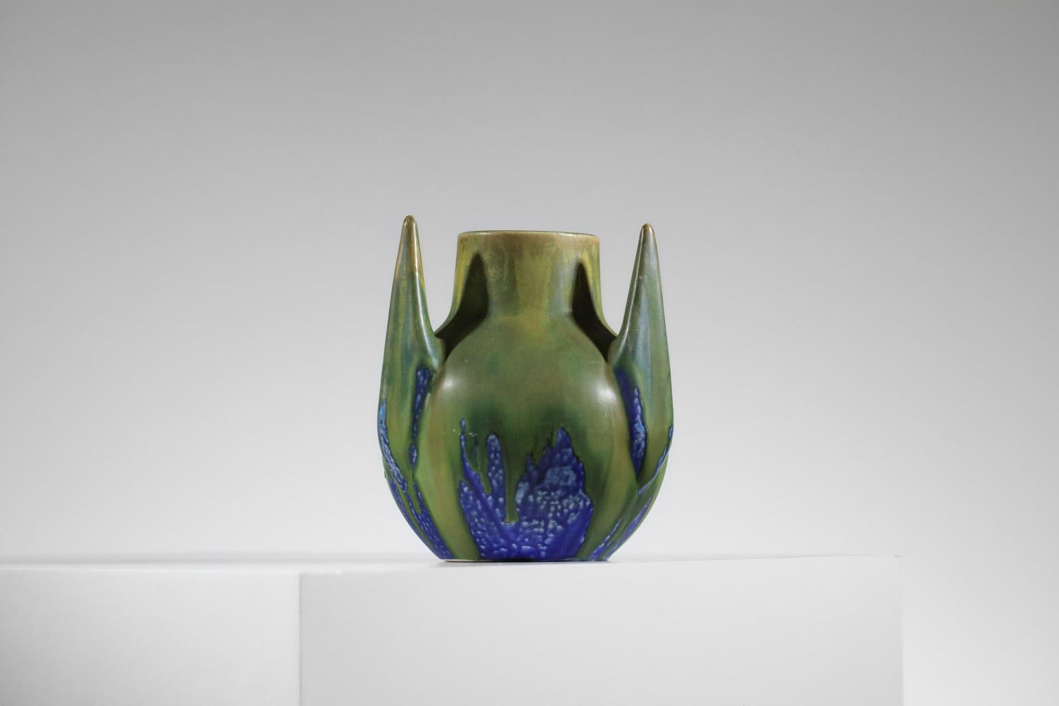 Gilbert Méténier blue and green glazed free form ceramic vase  For Sale 1