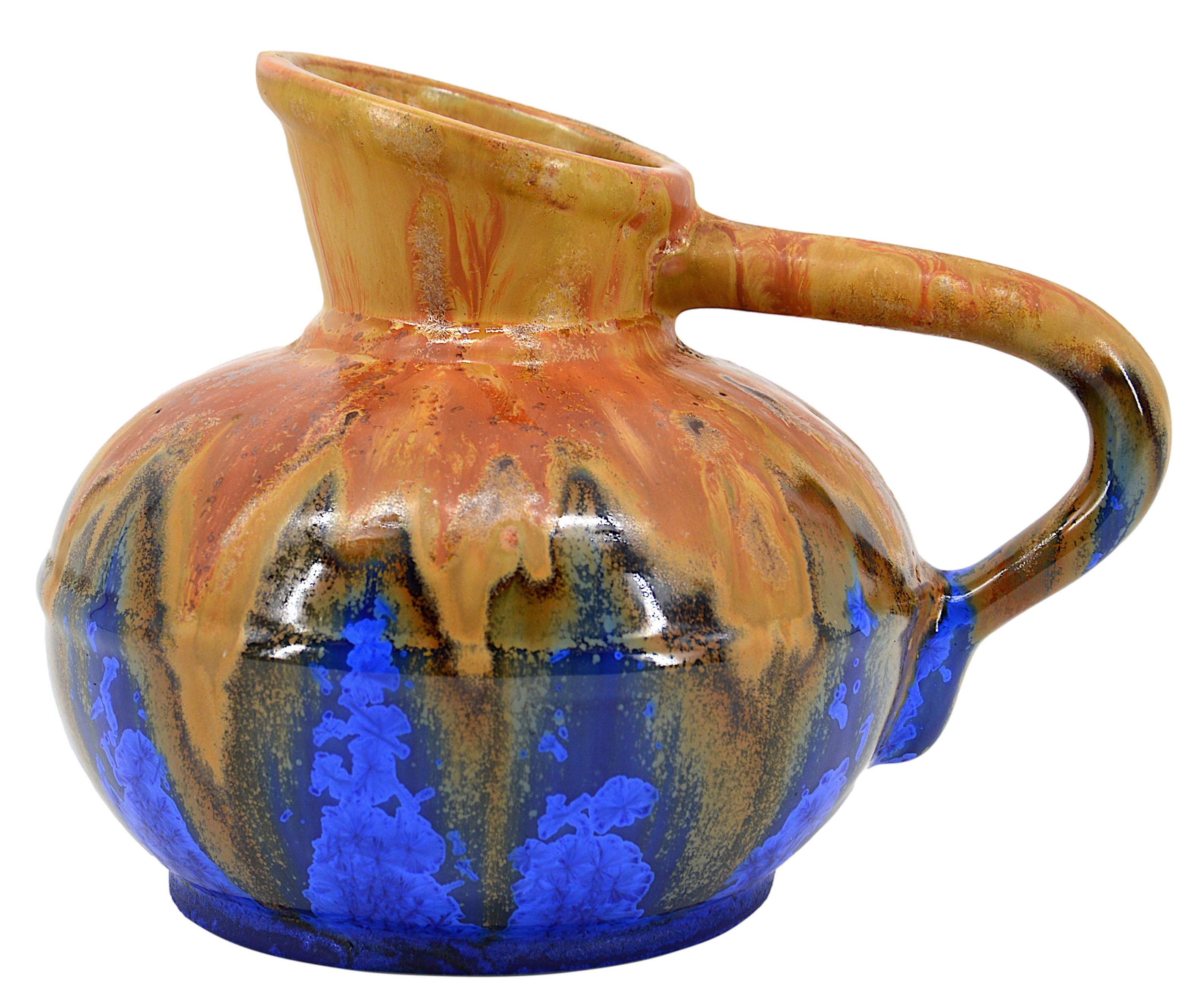 French Art Deco stoneware pitcher by Gilbert Méténier (Gannat), France, ca.1920. Superb crystallizations. A very successful piece. Height : 7.1