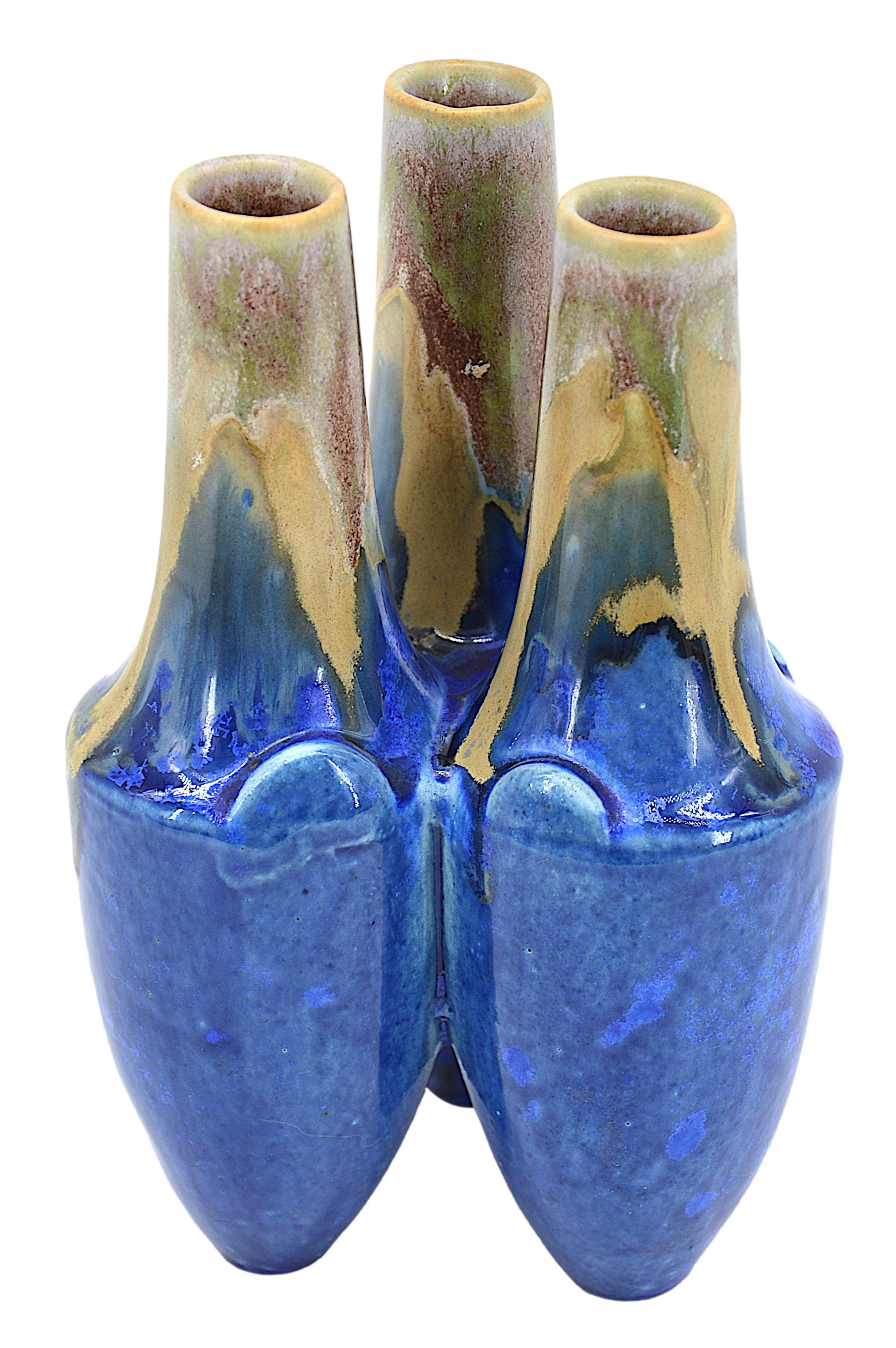 French Art Deco stoneware vase by Gilbert METENIER (Gannat), France, ca.1920. Nice stoneware vase for short cut flowers. Composed of three small vases. Height : 6.7