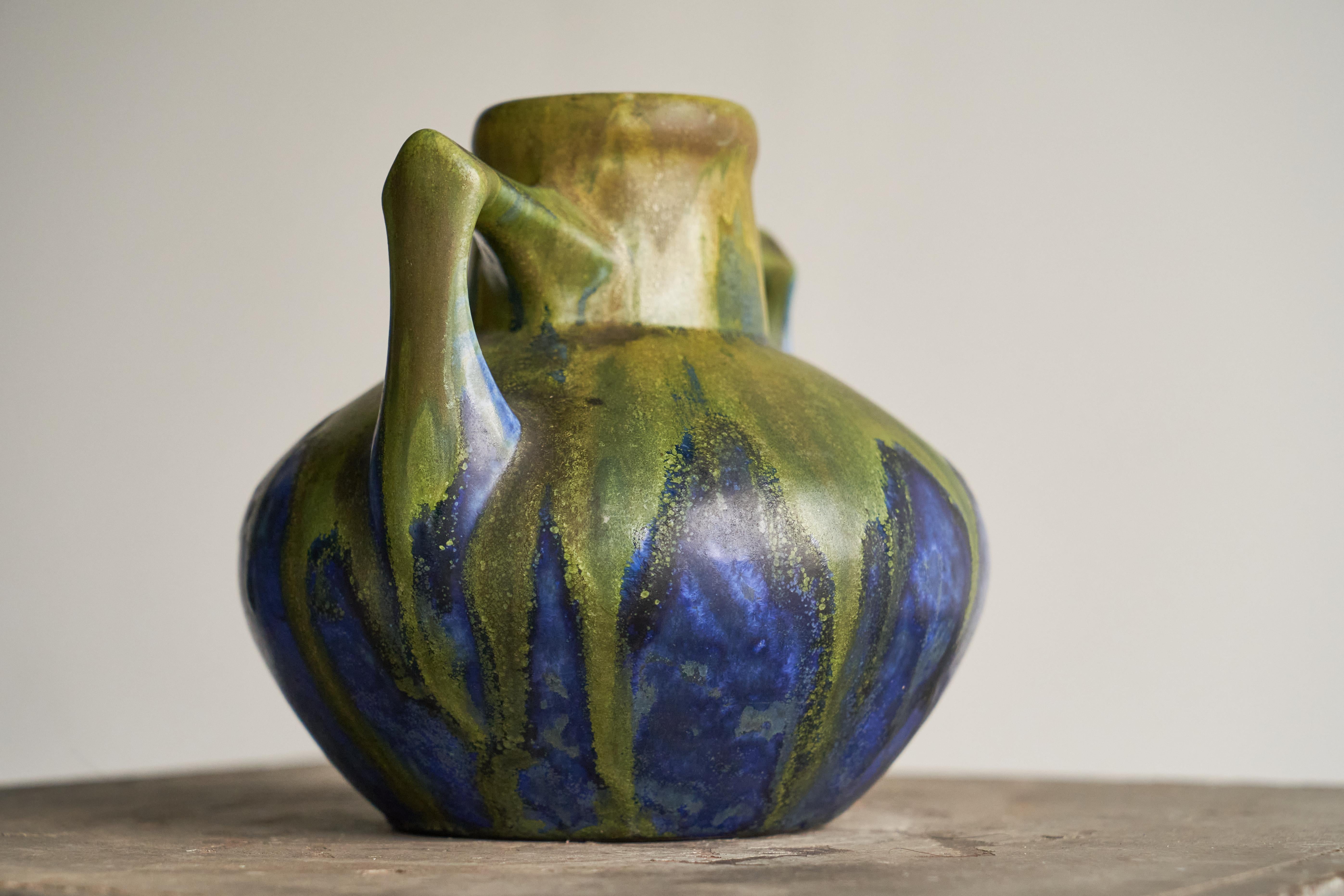 Gilbert Méténier Green and Blue Matt Glazed Studio Pottery Vase, France 1920s For Sale 3