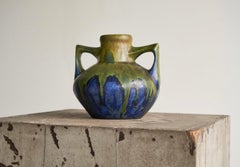 Gilbert Méténier Green and Blue Matt Glazed Studio Pottery Vase, France 1920s