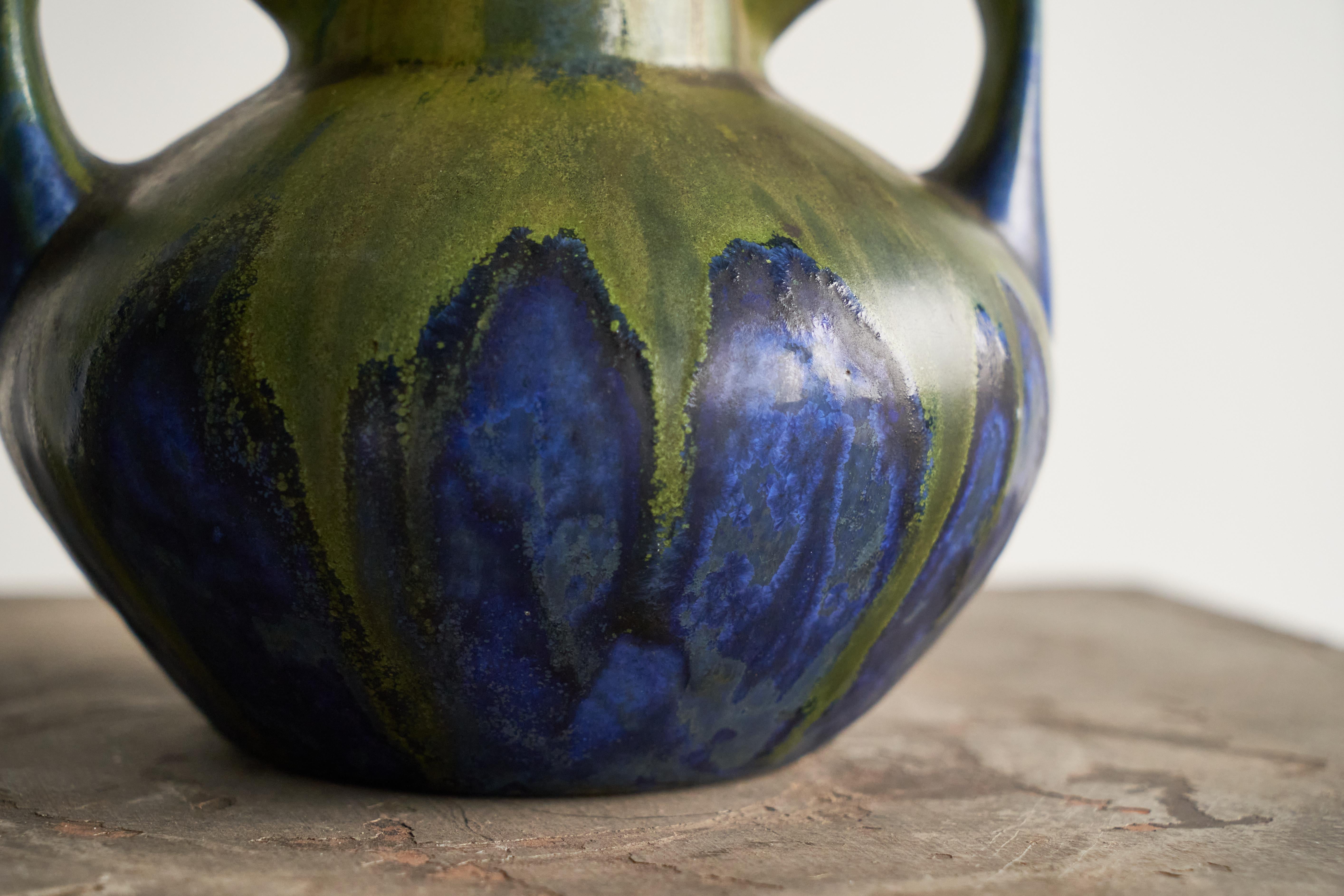 French Gilbert Méténier Green and Blue Matt Glazed Studio Pottery Vase, France 1920s For Sale