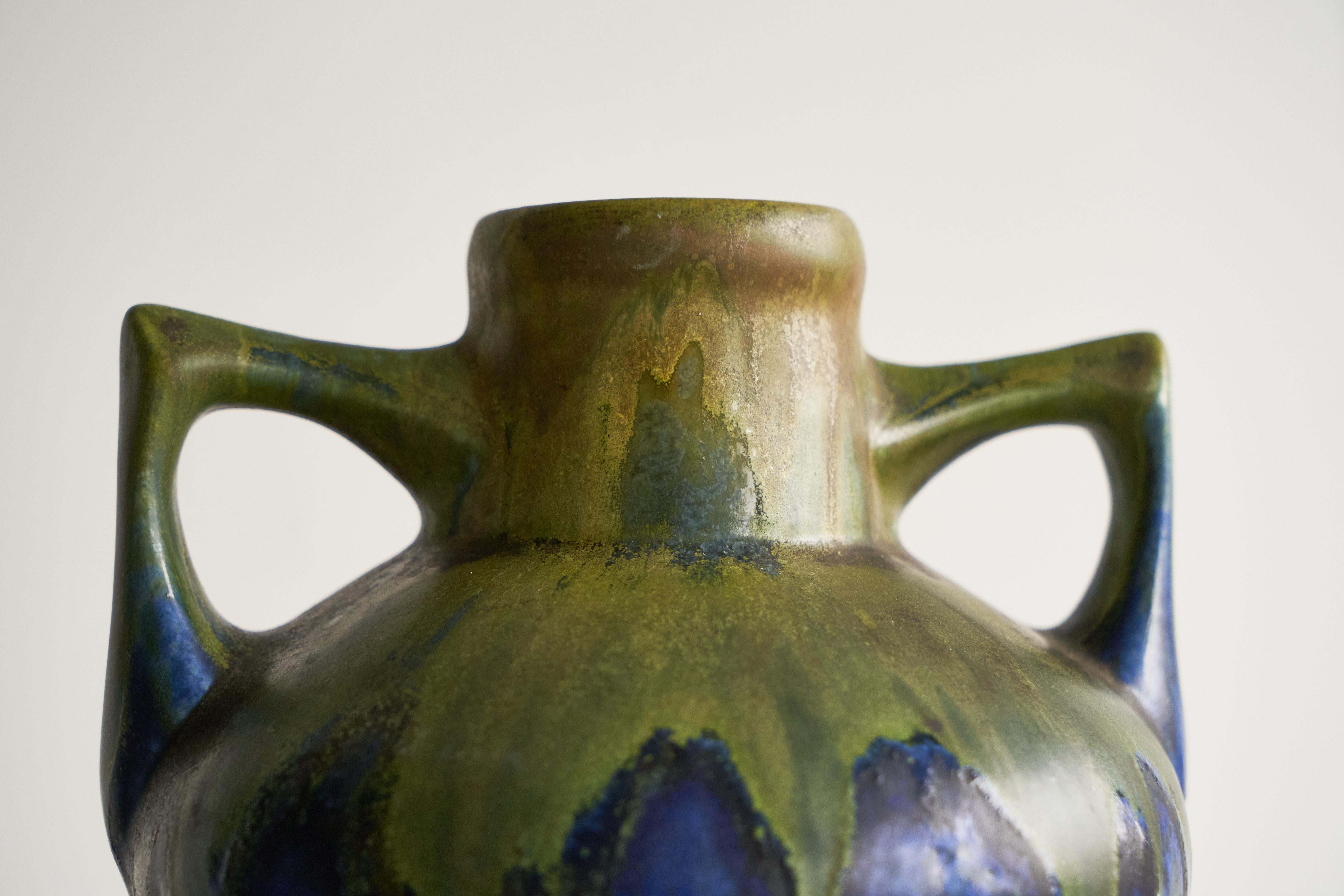 Hand-Crafted Gilbert Méténier Green and Blue Matt Glazed Studio Pottery Vase, France 1920s For Sale