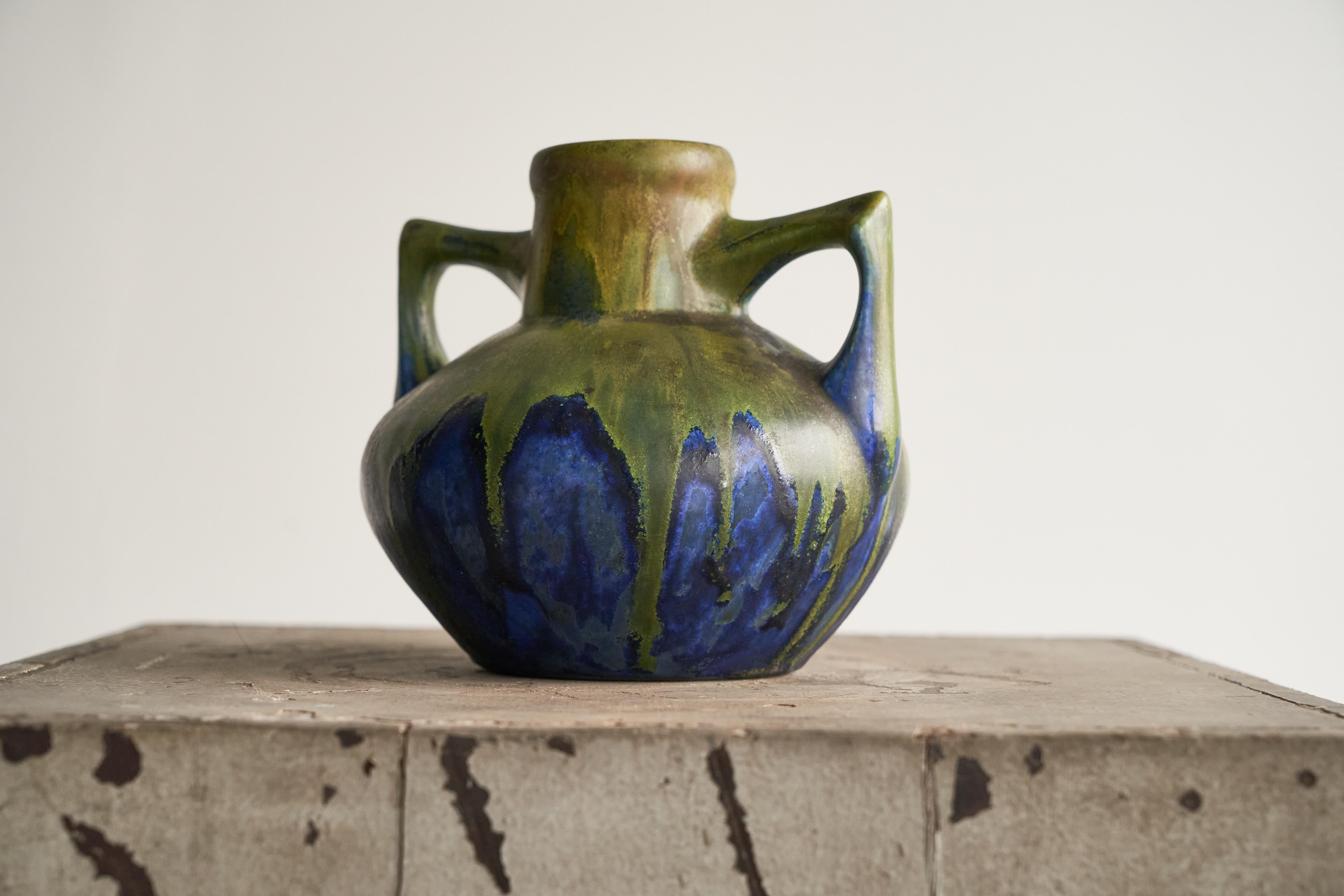 Gilbert Méténier Green and Blue Matt Glazed Studio Pottery Vase, France 1920s In Good Condition For Sale In Tilburg, NL