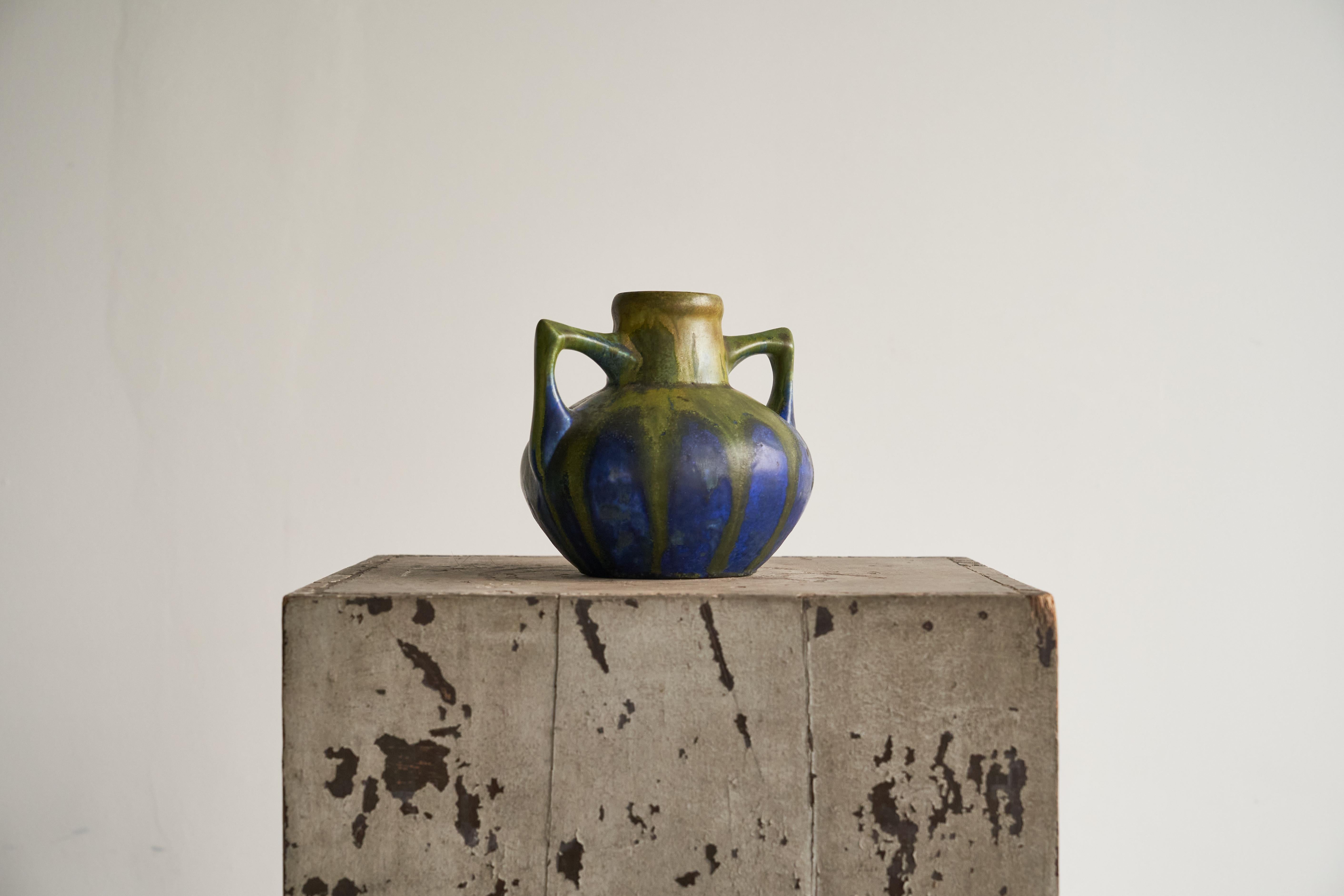 20th Century Gilbert Méténier Green and Blue Matt Glazed Studio Pottery Vase, France 1920s For Sale