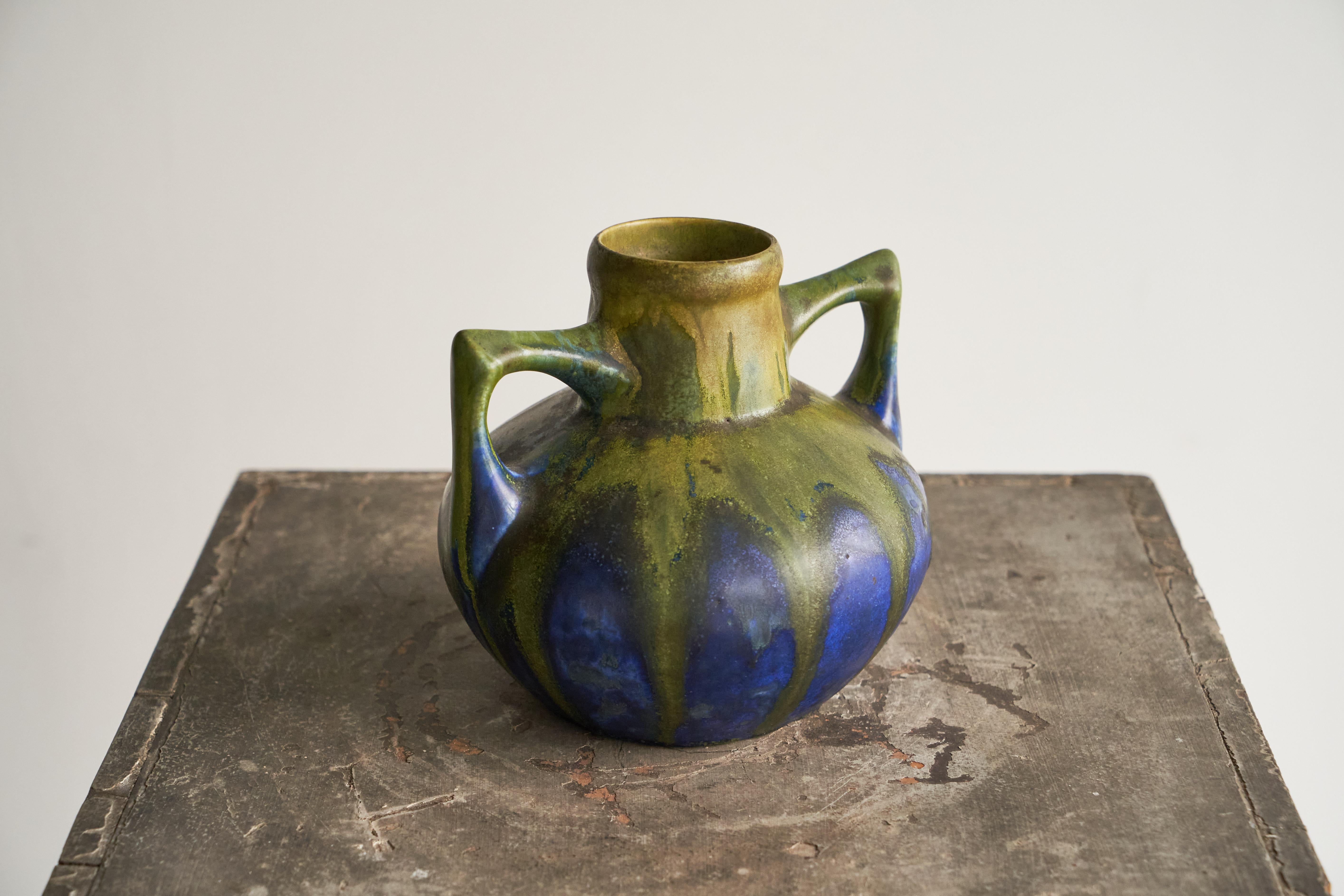 Gilbert Méténier Green and Blue Matt Glazed Studio Pottery Vase, France 1920s For Sale 1