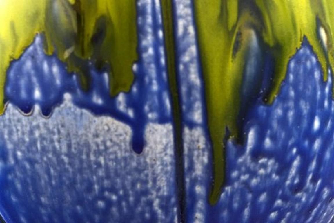Début du 20ème siècle Gilbert Metenier, céramiste français, vase Art Déco avec poignées en bleu et vert