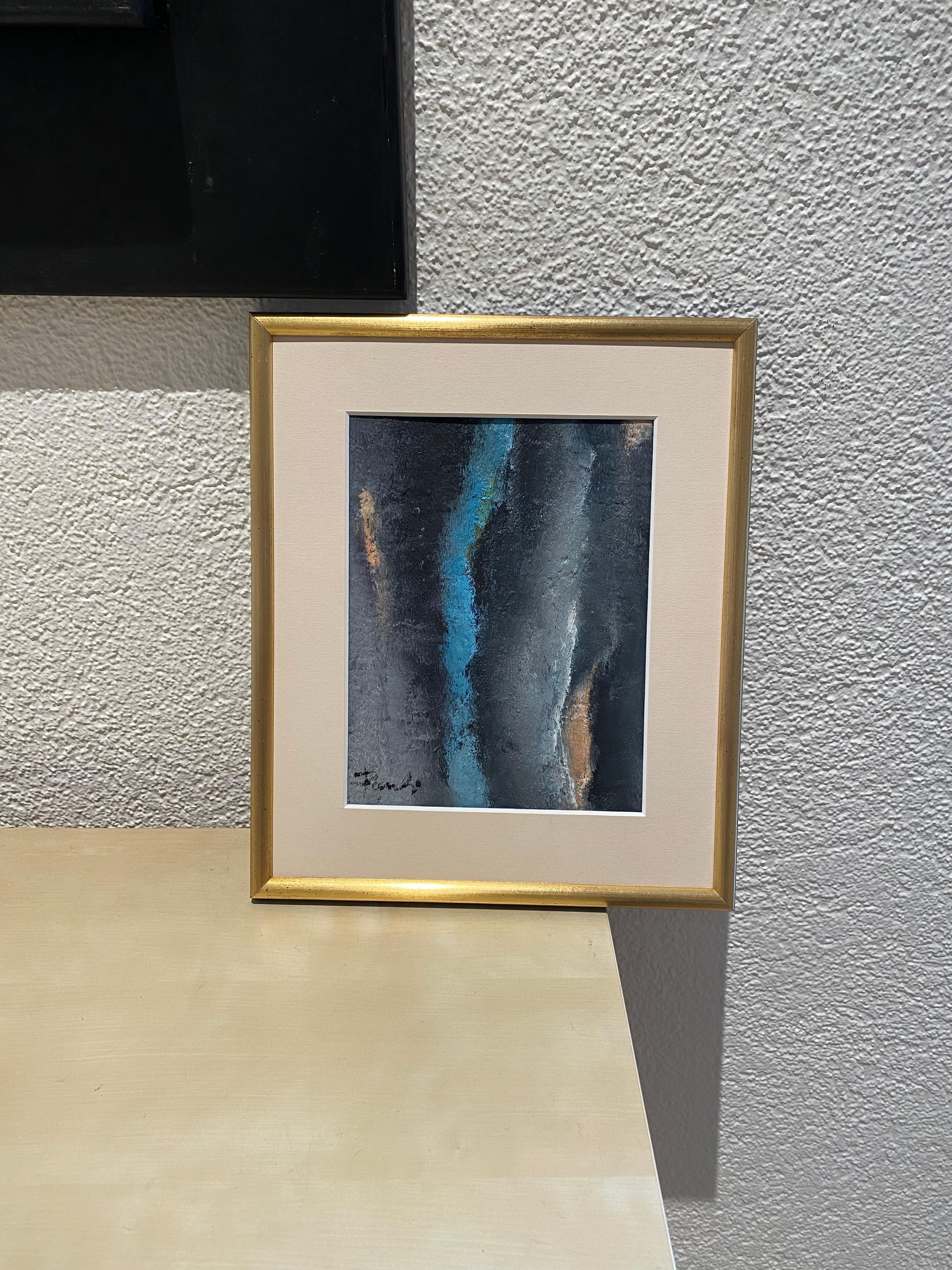 Blaue und graue abstrakte Komposition n1 von Gilbert Pauli - Öl auf Leinwand 19x23 cm im Angebot 2