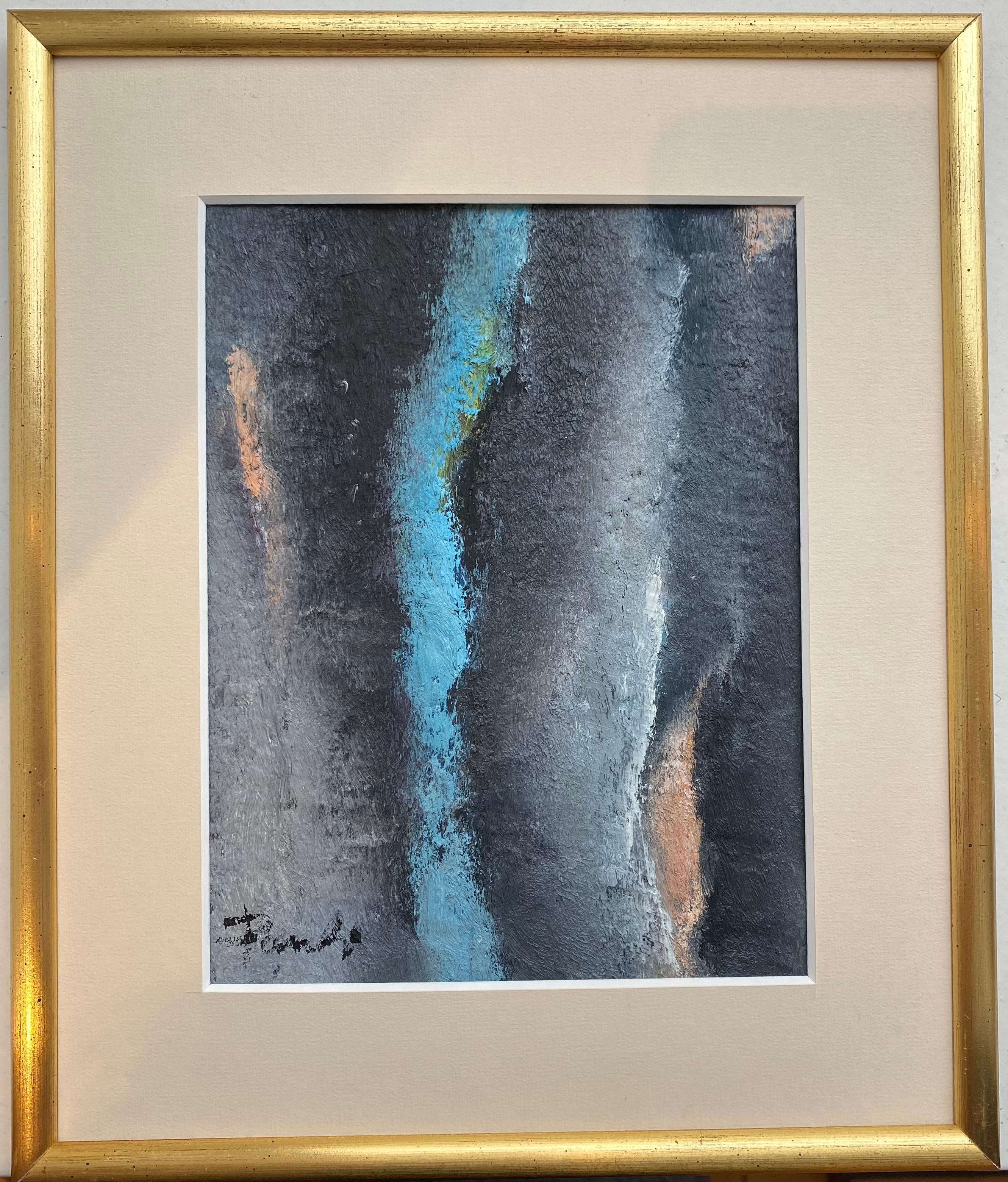 Blue and grey abstract composition n1 by Gilbert Pauli - Oil on canvas 19x23 cm For Sale 2